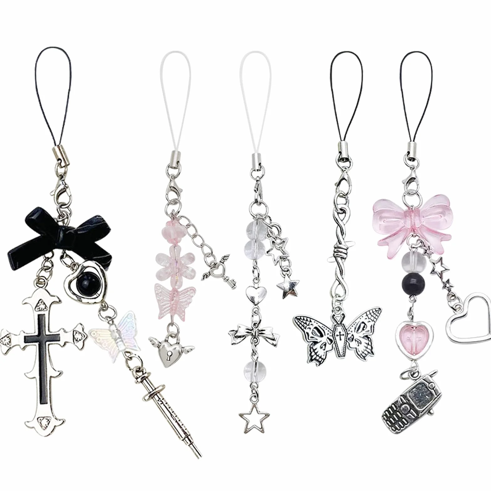 DKDDSSS Lot de 5 Pendentifs Y2K pour Téléphone Portable, Attache Cordon Téléphone Portable Chaîne, Bijoux de Telephone, Porte-Clés, Cordon Telephone Portable Bijoux