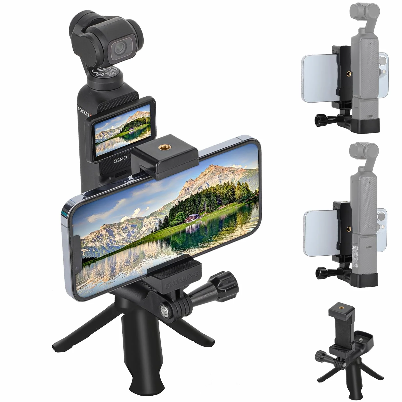 Osmo Pocket 4/3 Support de Téléphone+ Trépied,Devant Téléphone Intelligent Support Monte avec 1/4 Vis Adaptateur Compatible avec DJI Osmo Pocket 4/3 D'extension Accessoires