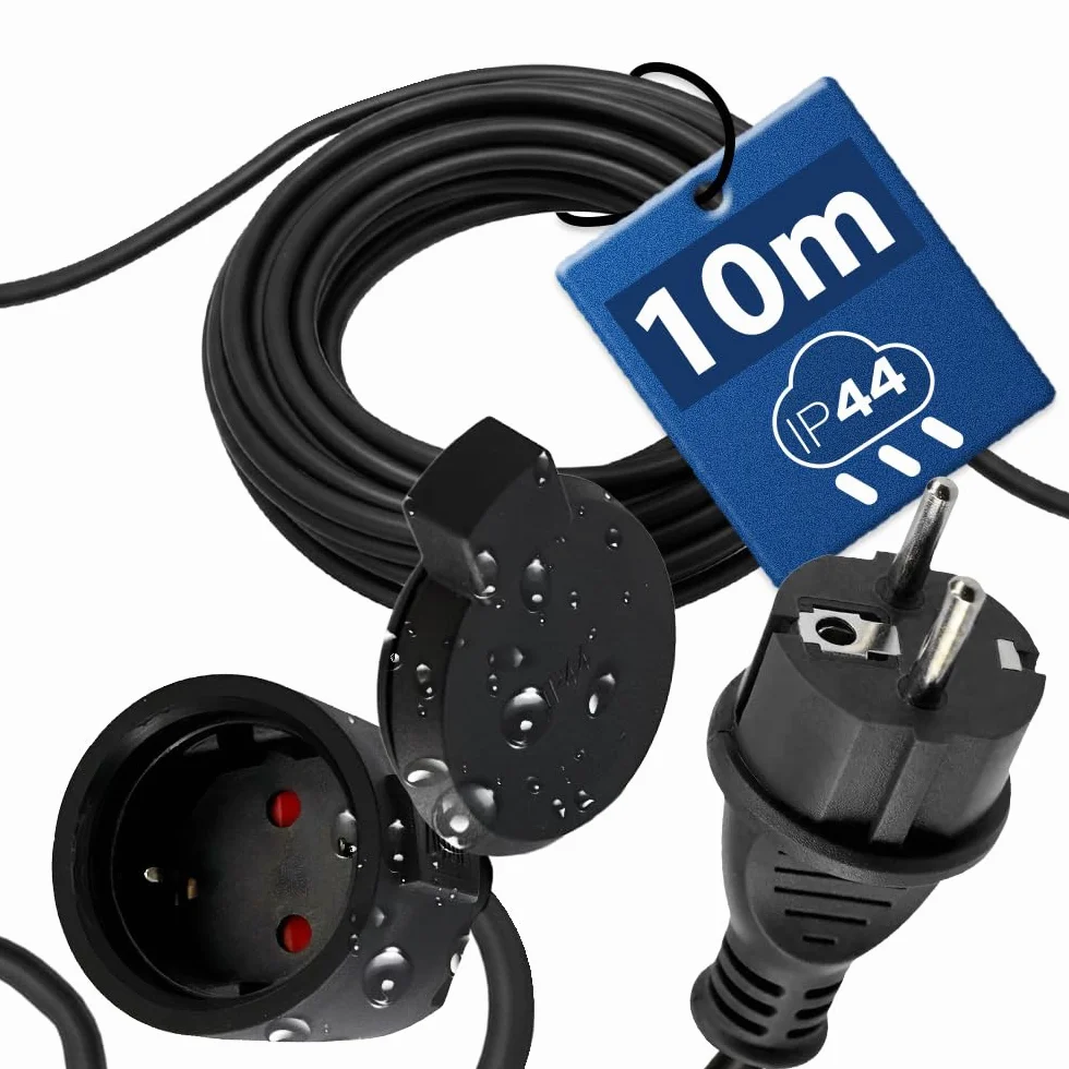 Rallonge Électrique Extérieure 10m IP44 3×1,5 mm² 2000W Noir - Câble Prolongateur Étanche avec Fiche Uni-Schuko et Prise Type F avec Clapet - Rallonge pour Tondeuse, Jardin, Chantier - Horoz Electric
