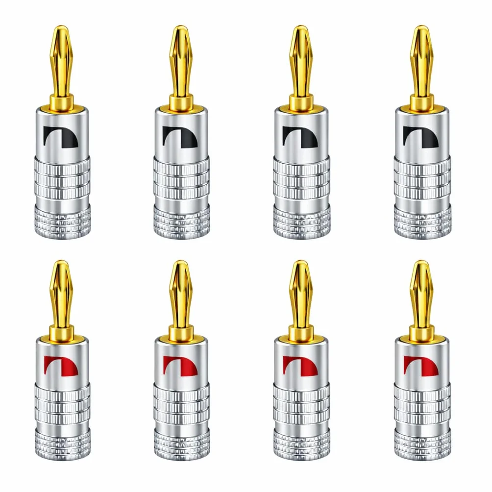 8PCS Fiche Banane 4mm pour Câble Enceinte, Fiche Banane Enceinte Connecteurs pour Enceintes Plaqués Or sans Soudure, Fiches Banane HiFi pour Haut-Parleur et Amplificateur, Banane Connecteur Audio