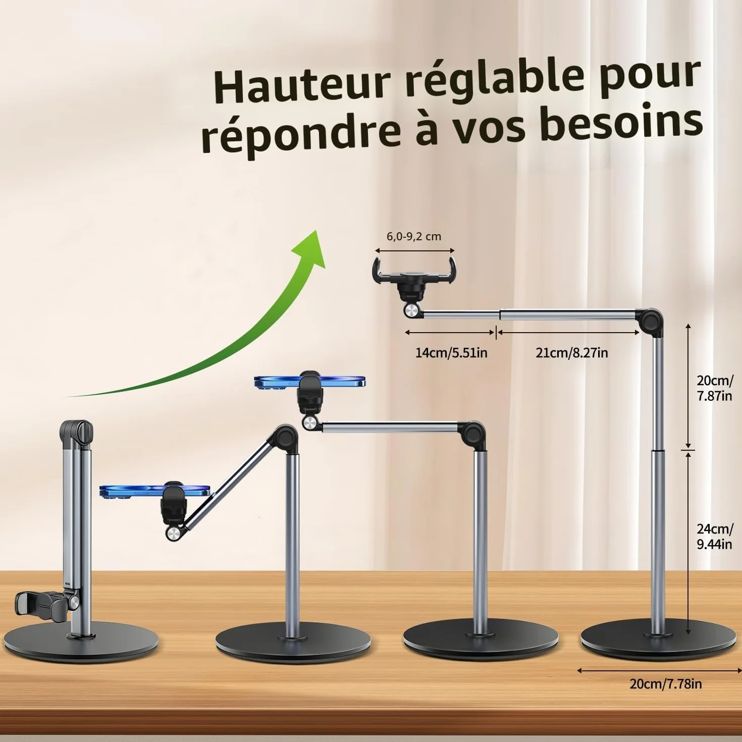 Support Téléphone Bras Articulé 30 CM Réglable Pliable pour iPhone, Diffusion en Direct, Enregistrement Vidéo