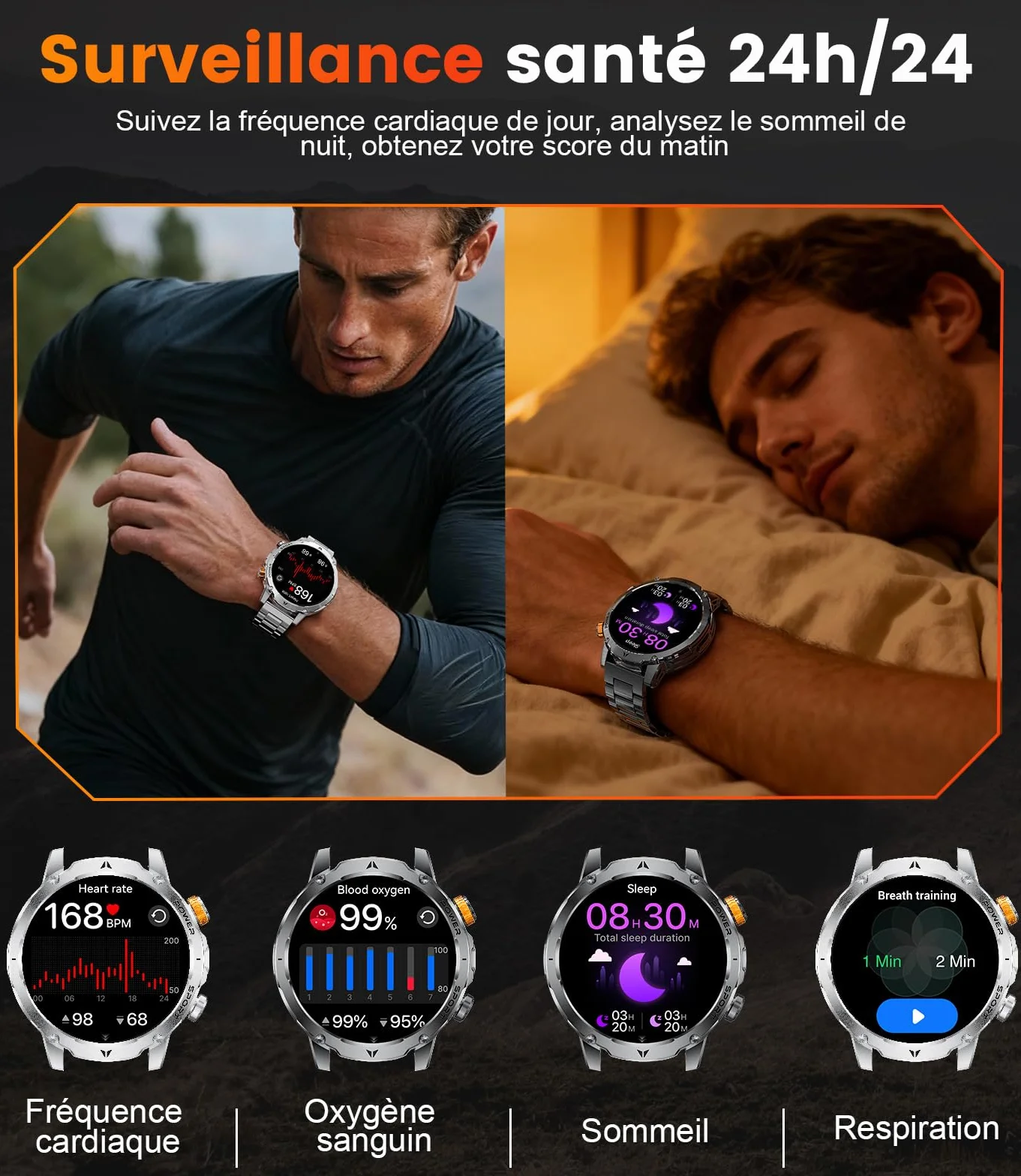 LIGE 1000mAh Montre Connectée Homme, 1,7" Smartwatch Militaire avec 110+ Modes Sportifs, IP68 Étanche, Appel Bluetooth, 24H Fréquence Cardiaque, Podomètre Android iOS,3 Bracelets,2 Chargeurs,EF24-A