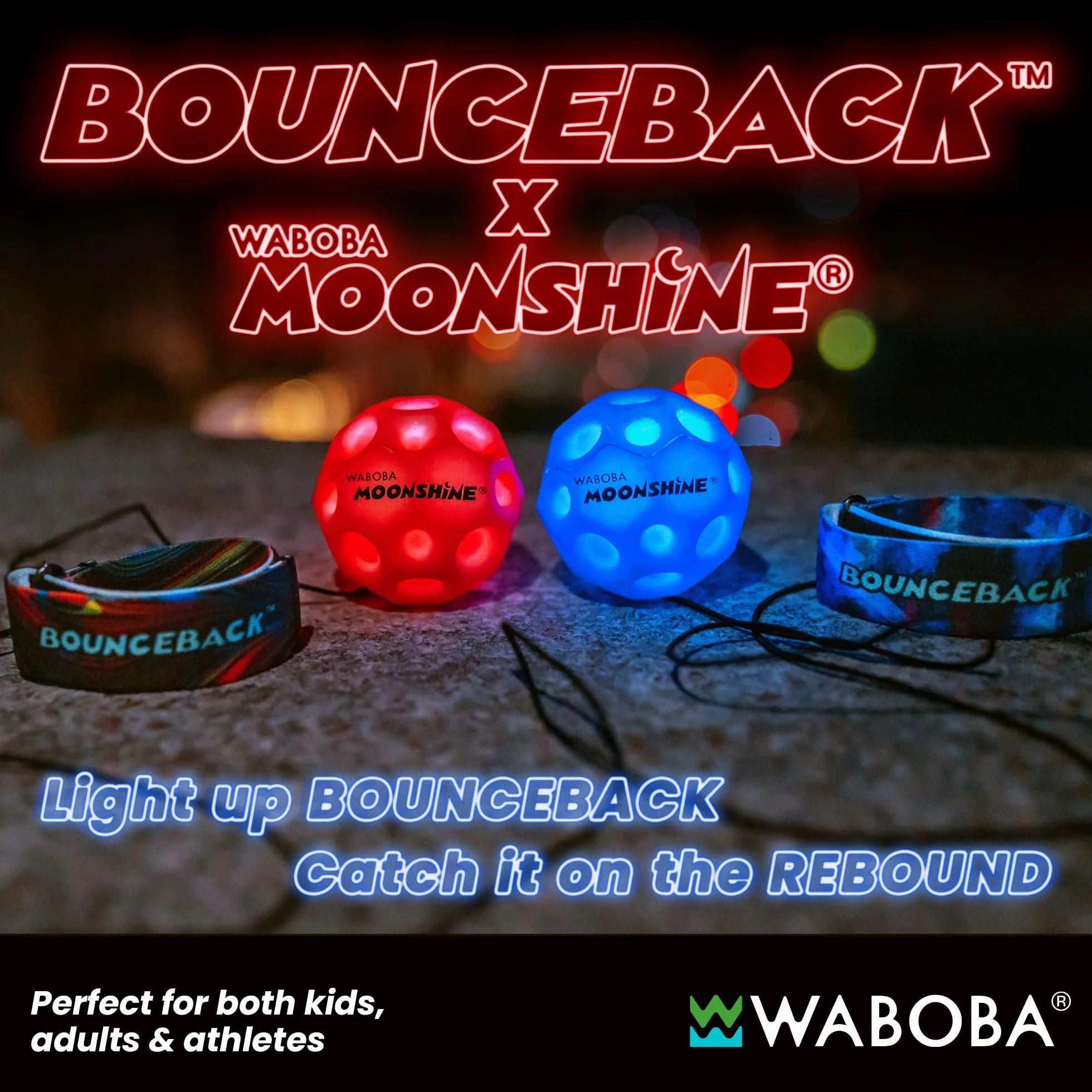 Waboba Boule de Lune LED rebondissante avec dragonne – Boule lumineuse à rebond élevé pour enfants et adultes