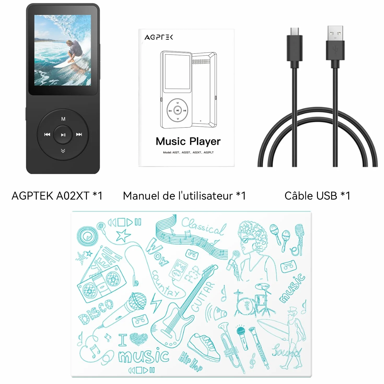 AGPTEK Lecteur MP3 Bluetooth 5.3 32Go HiFi sans Perte 70H Autonomie Baladeur Portable Radio FM Enregistrement