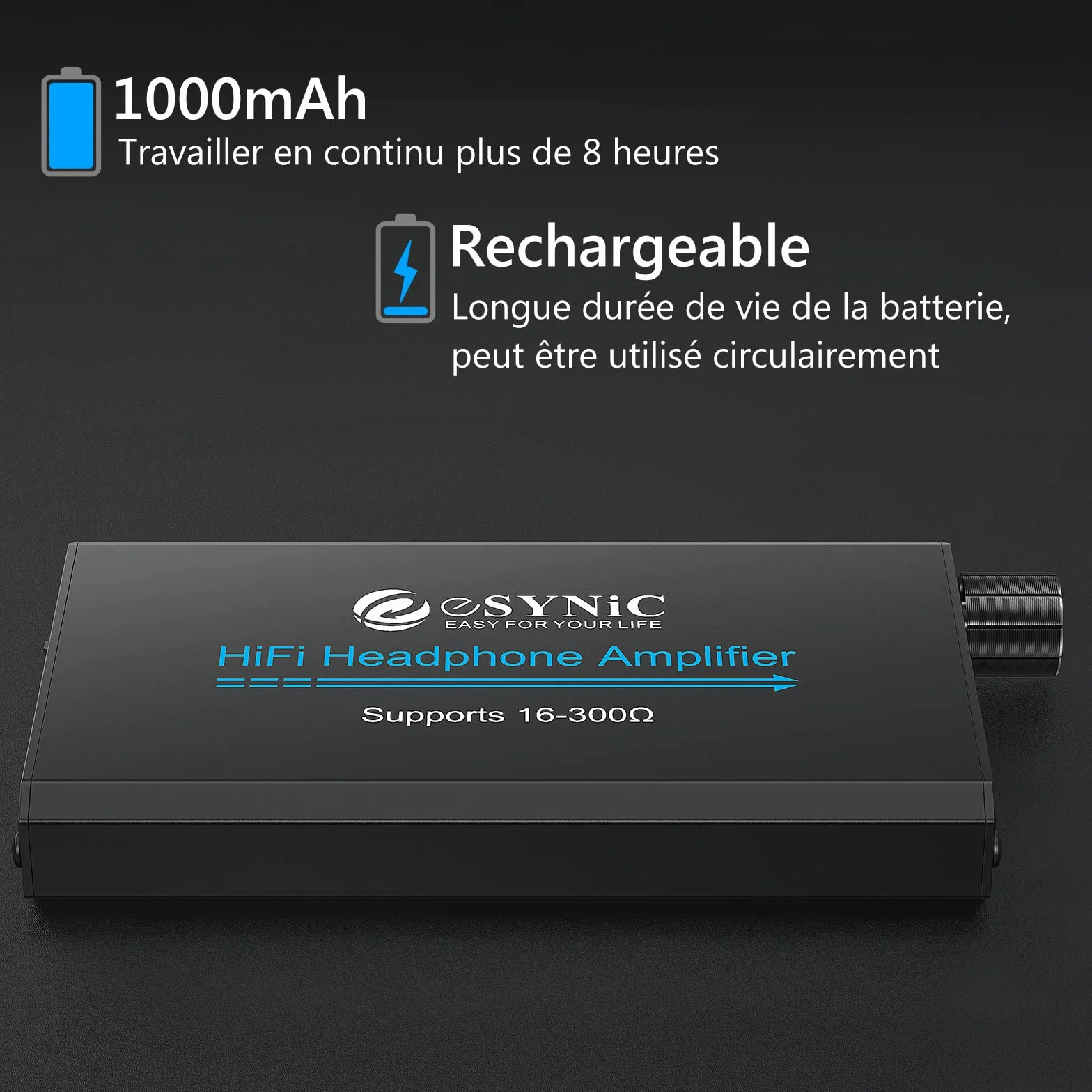eSynic Ampli Casque Amplificateur Audio Professionnel Amplificateur Portable（Épaisseur 1,8 cm）Interface Stéréo 3,5 mm pour Lecteur MP3 Smartphone Ordinateur Portable avec câble d'alimentation USB-Noir