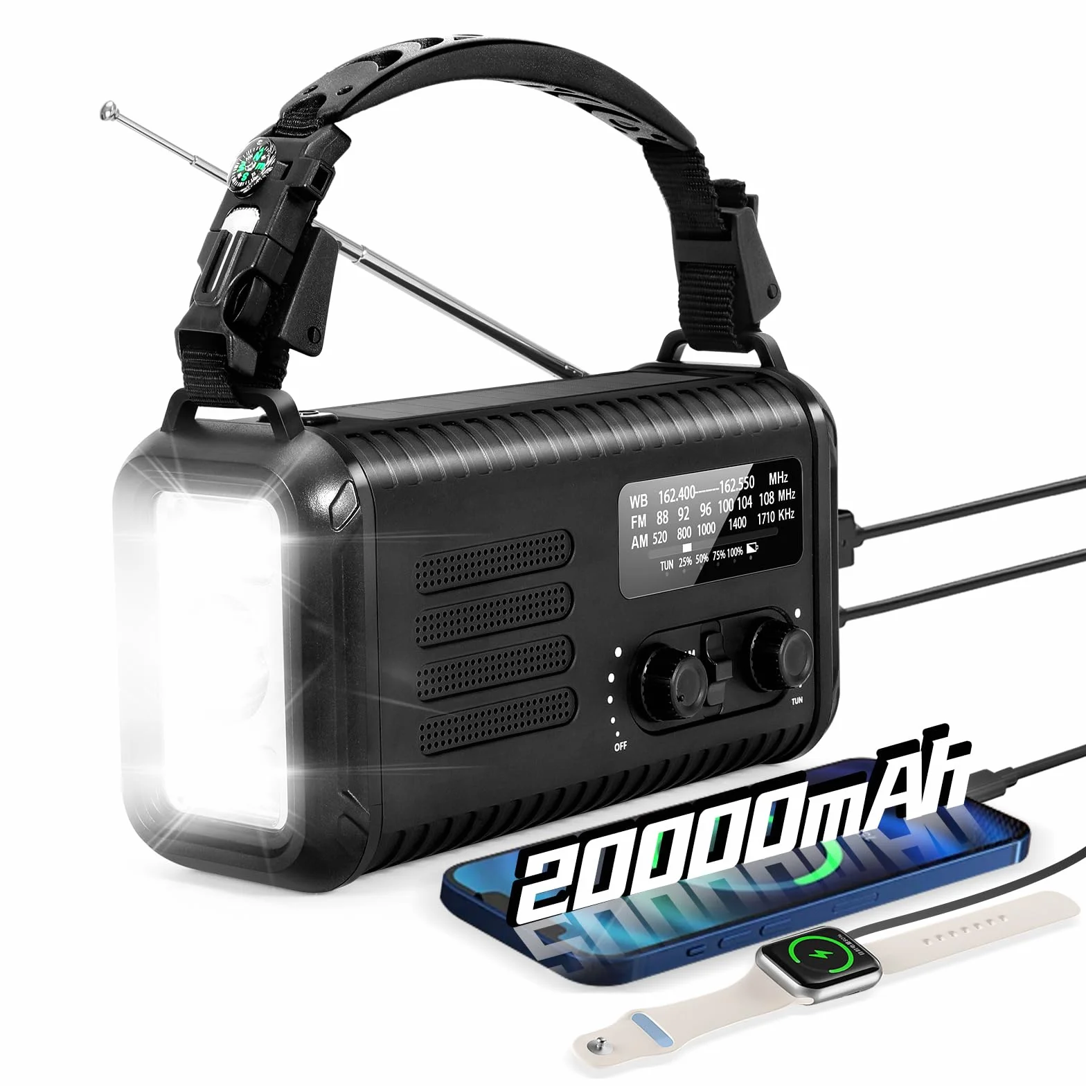 Radio météo d'urgence solaire 20 000 mAh AM/FM/NOAA avec lampe de poche et chargeur téléphone