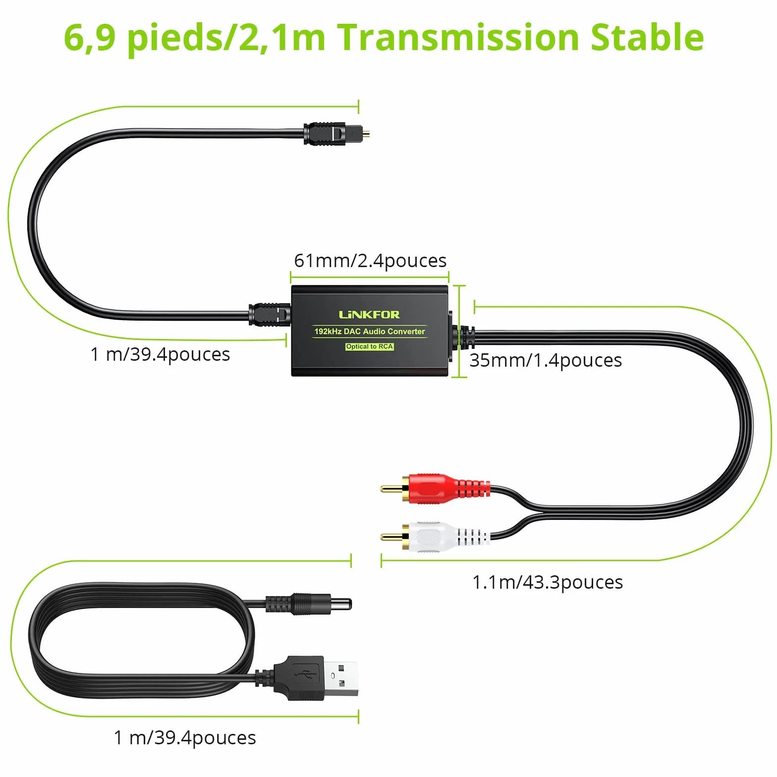 LINKFOR Câble SPDIF vers G/D 192 kHz Convertisseur Intégré Amplificateur Audio Adaptateur RCA L/R