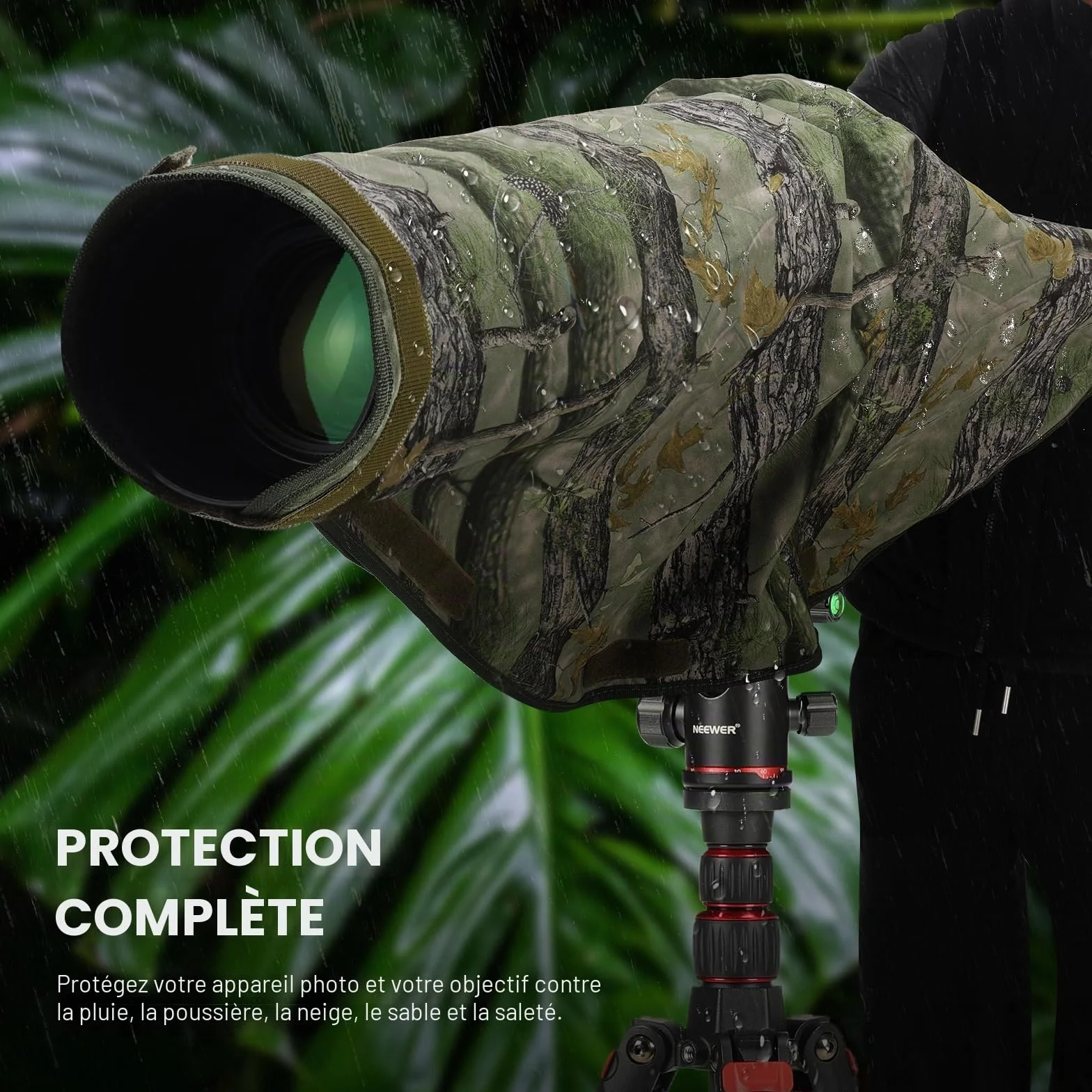 NEEWER Housse de Protection Contre la Pluie pour Appareil Photo Reflex numérique Canon, Sony, Nikon, Fujifilm et objectifs jusqu'à 400 mm, Camouflage des Deux côtés, en Nylon Vert PB020