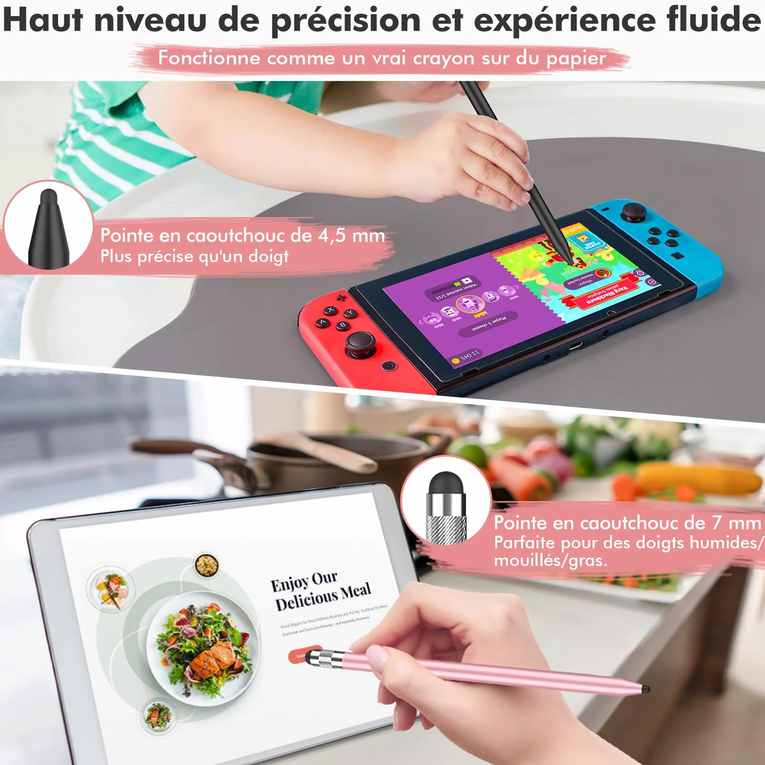 Stylet Tablette MEKO 3 en 1 pour iPad Samsung Smartphone Switch, Haute Précision avec 10 Embouts de Rechange (Noir + Or Rose)