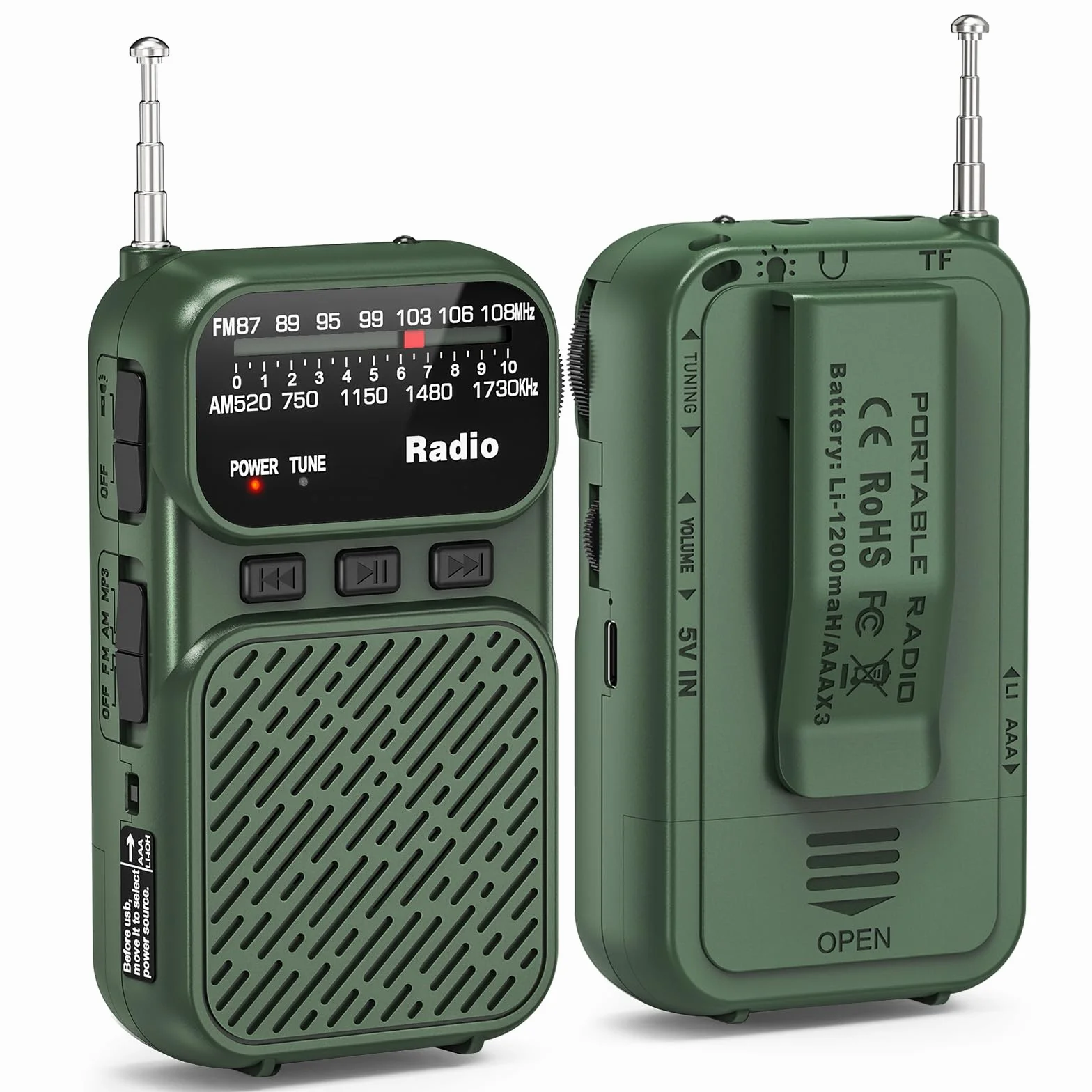 Tendak Mini Radio à Piles AM/FM/FM Bluetooth Portable 1200 mAh USB-C Vert