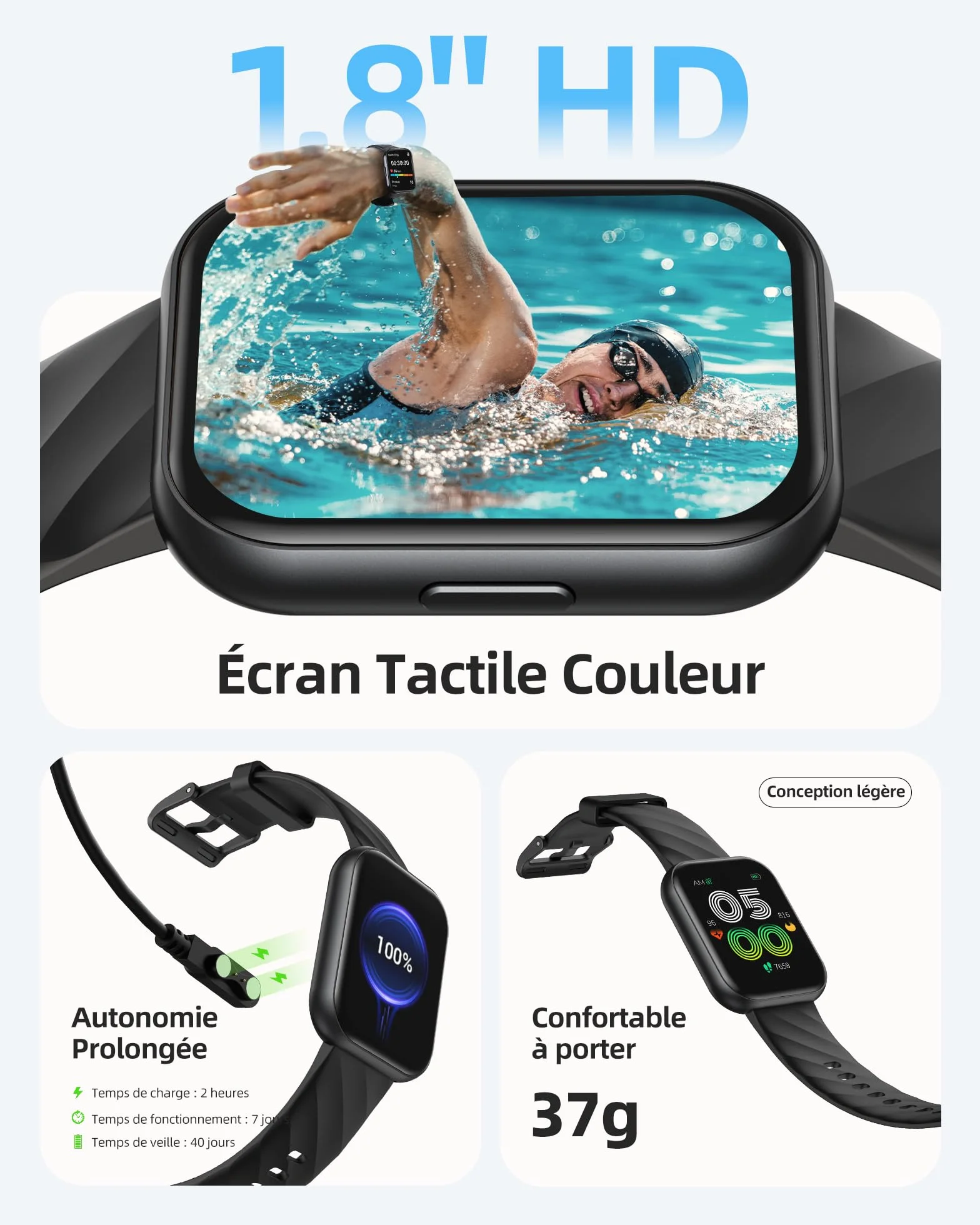 Parsonver Montre Connectée Homme Femme avec 5ATM Étanche, Sport Montre pour Natation, 1,8" HD Smartwatch avec 100+ Sportifs, Sommeil, Fréquence Cardiaque, Montre Connectee pour Android & iPhone, Noir