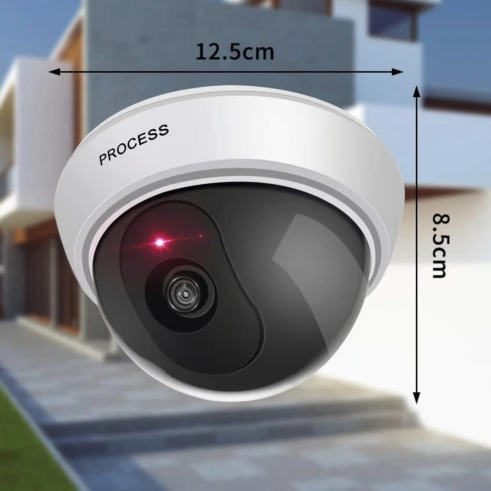 ERWEY Lot de 2 Caméras Factices Extérieur & Intérieur, Fausse Caméra de Surveillance Dôme avec Lumière LED Rouge Clignotante & Autocollants CCTV, pour Mur et Plafond (Blanc)