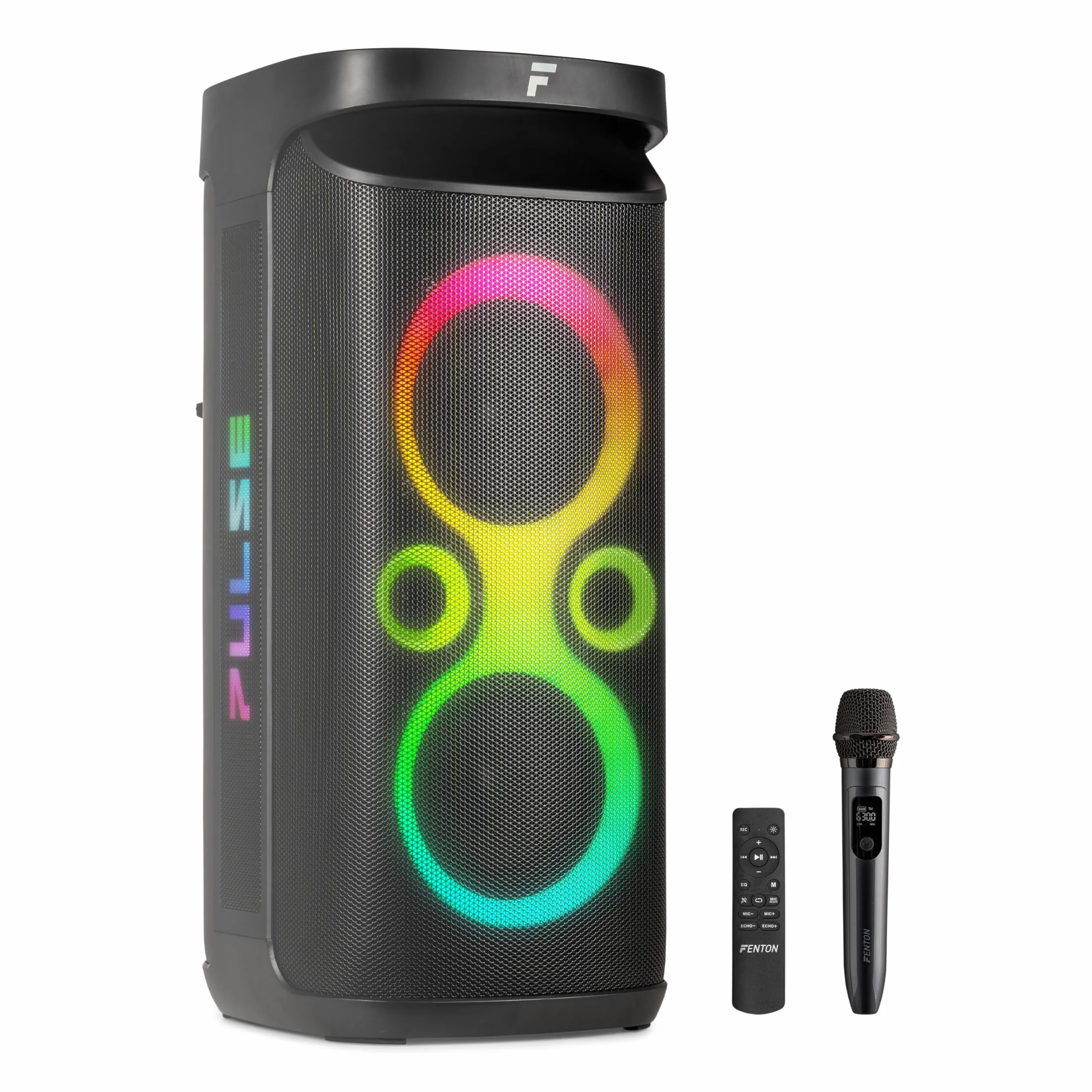 Fenton Pulse130 Enceinte de Soirée Lumineuse Bluetooth - 260 Watts, Batterie Longue Autonomie 12H, Résistance aux Éclaboussures IPX4, Idéale pour Toutes Vos Soirées en Intérieur ou Exterieur