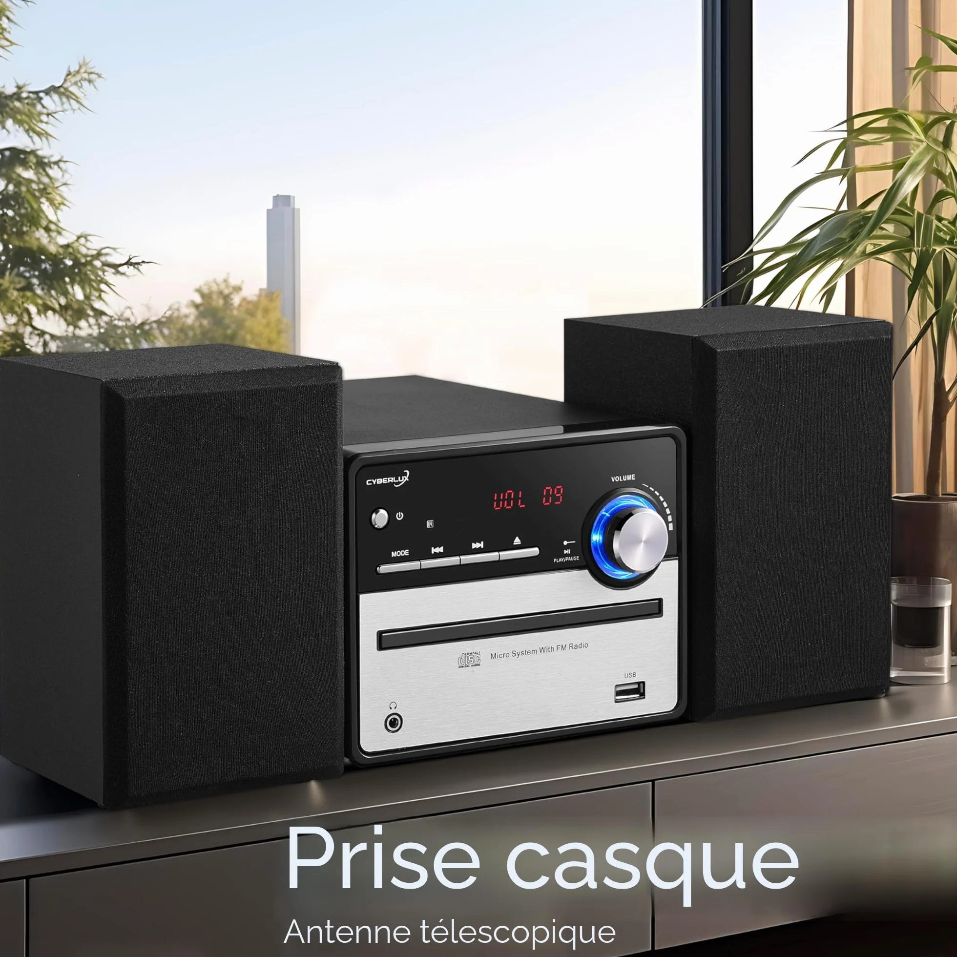 Mini chaîne HiFi rétro avec radio FM, CD/MP3, USB et sortie ligne