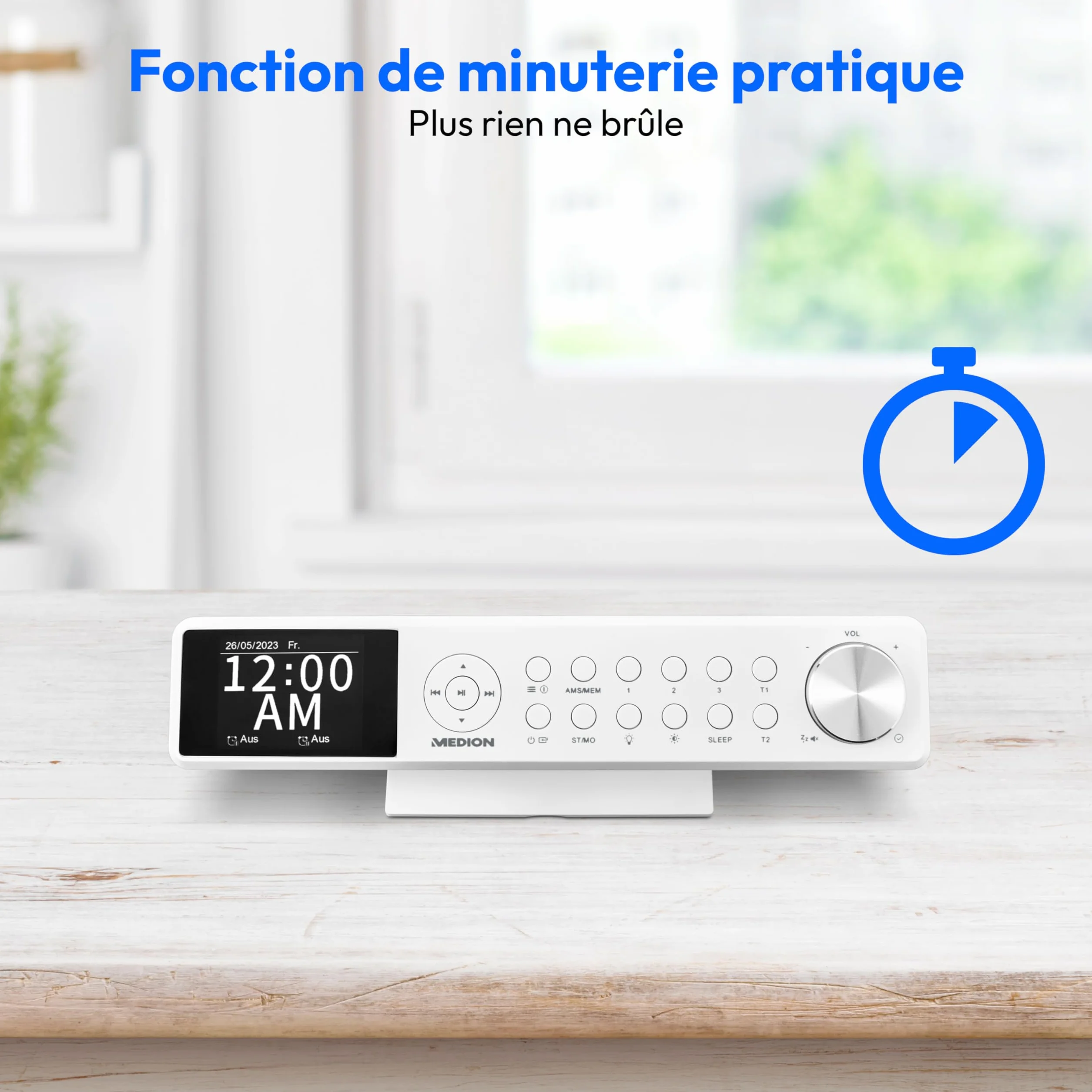 MEDION P66750 Radio de cuisine encastrable (radio de cuisine DAB+, radio FM PLL, écran couleur TFT à intensité variable, minuterie de cuisson, Bluetooth, barre LED, matériel de montage inclus), blanch