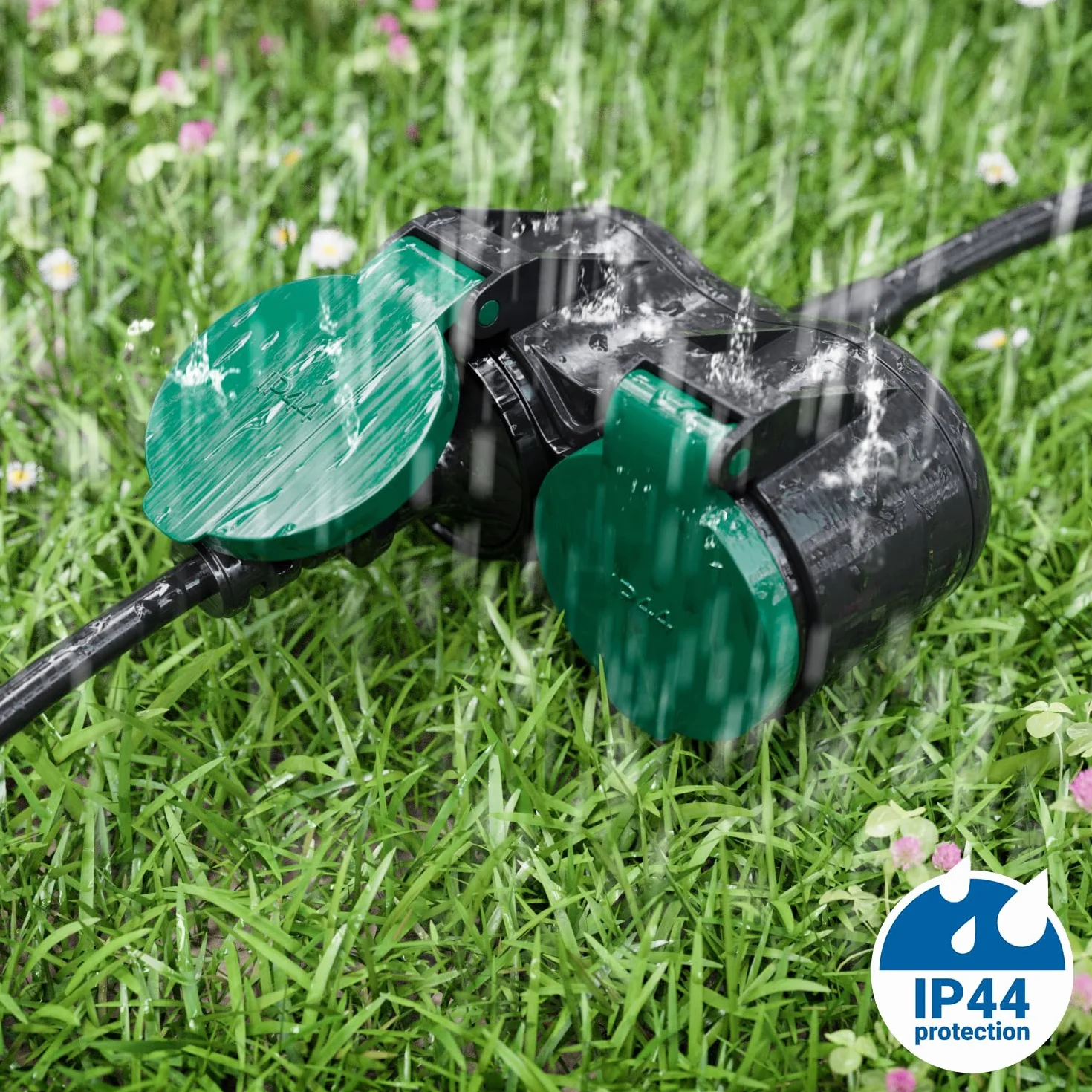 deleyCON 2m Câble Rallonge Extérieur Électrique IP44 (H07RN-F 3G1.5mm²) Câble D’Alimentation en Caoutchouc Résistant aux Intempéries - Fiche avec Contact de Protection vers 2 Prises - Noir