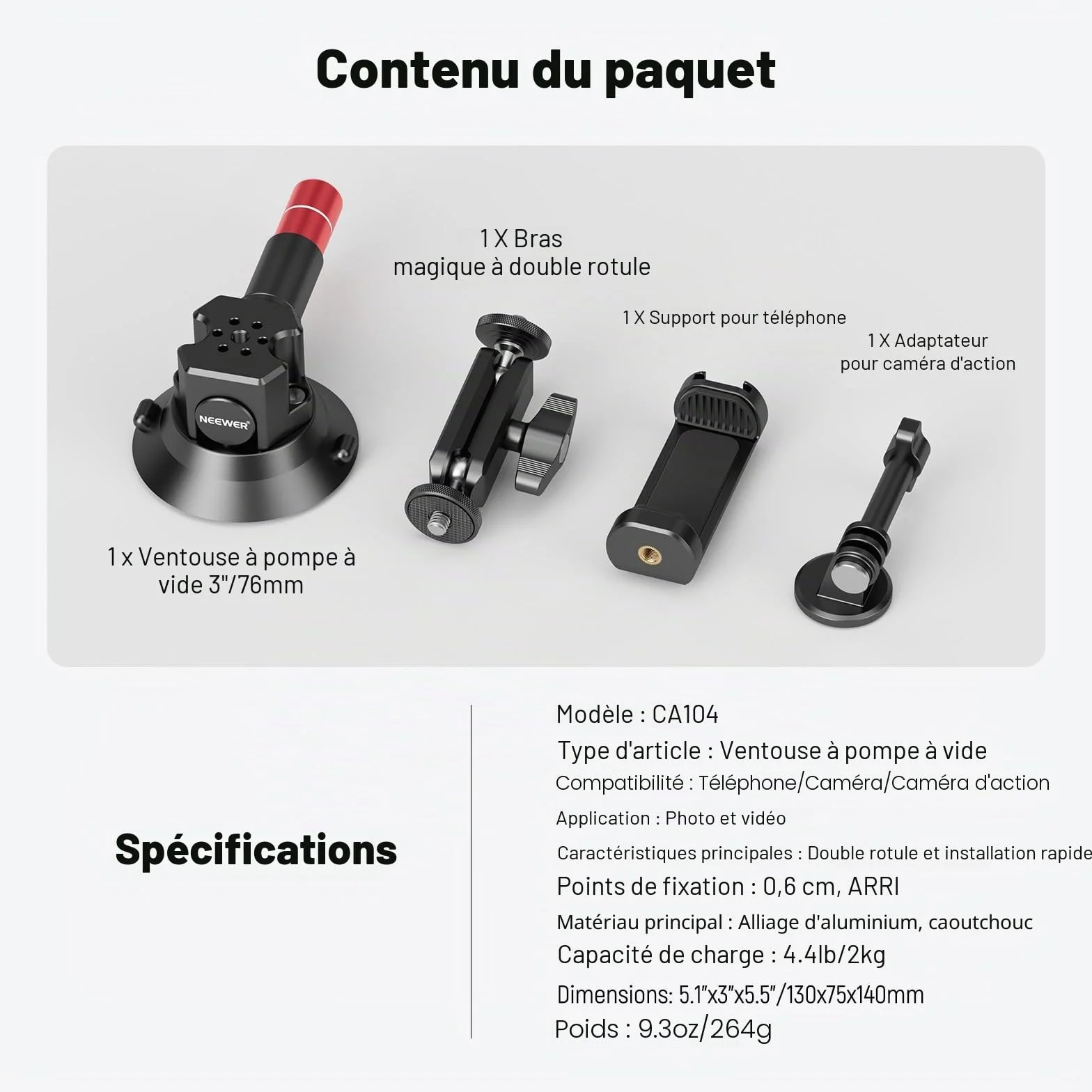 NEEWER Support Caméra Ventouse 3",Compatible avec Arri 1/4" Trous, Support de Voiture Quick Release+ de Téléphone, Adaptateur Action Cam Compatible avec iPhone GoPro DJI Insta360, CA104