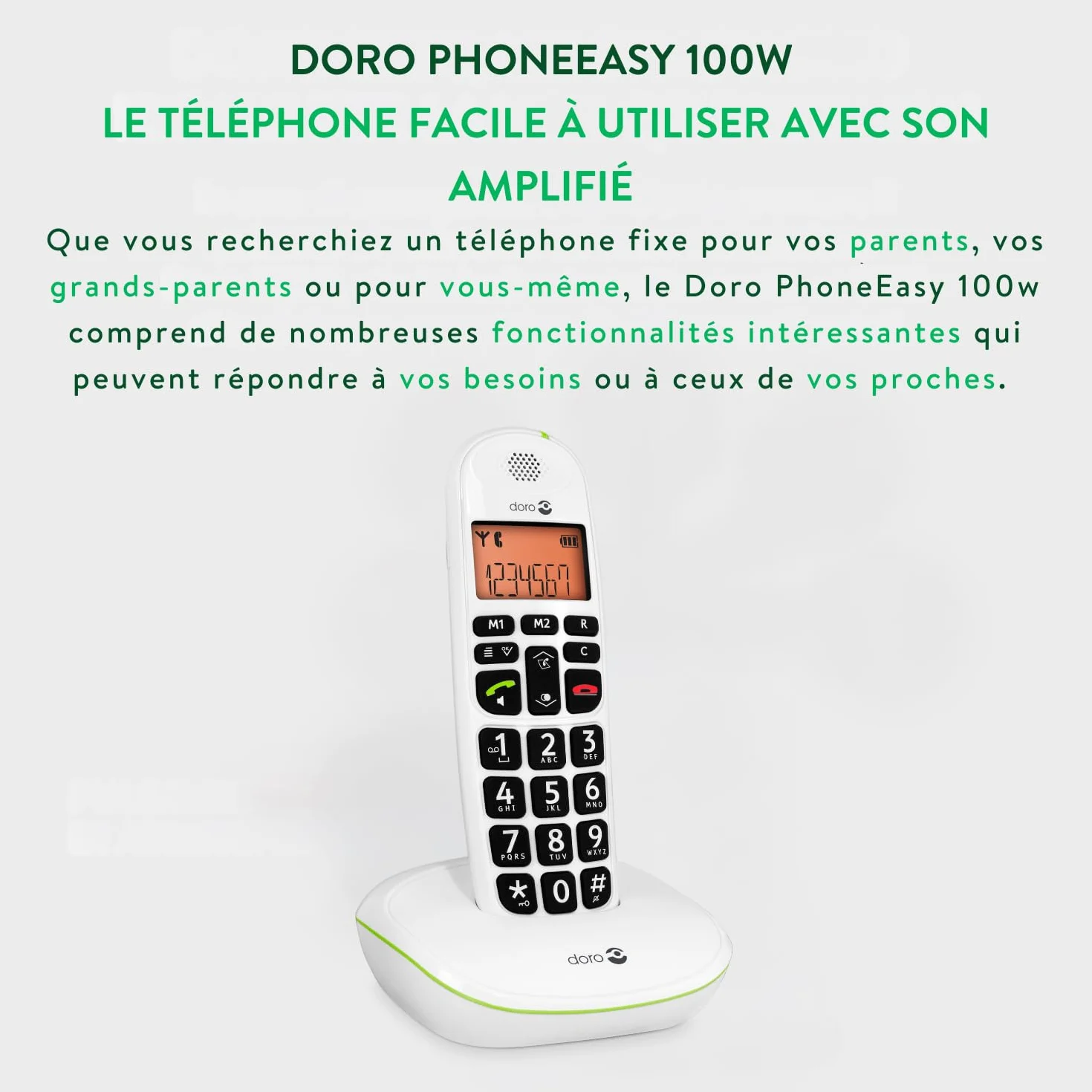 Doro PhoneEasy 100w Téléphone sans Fil DECT pour Seniors Grandes Touches Son Amplifié Blanc