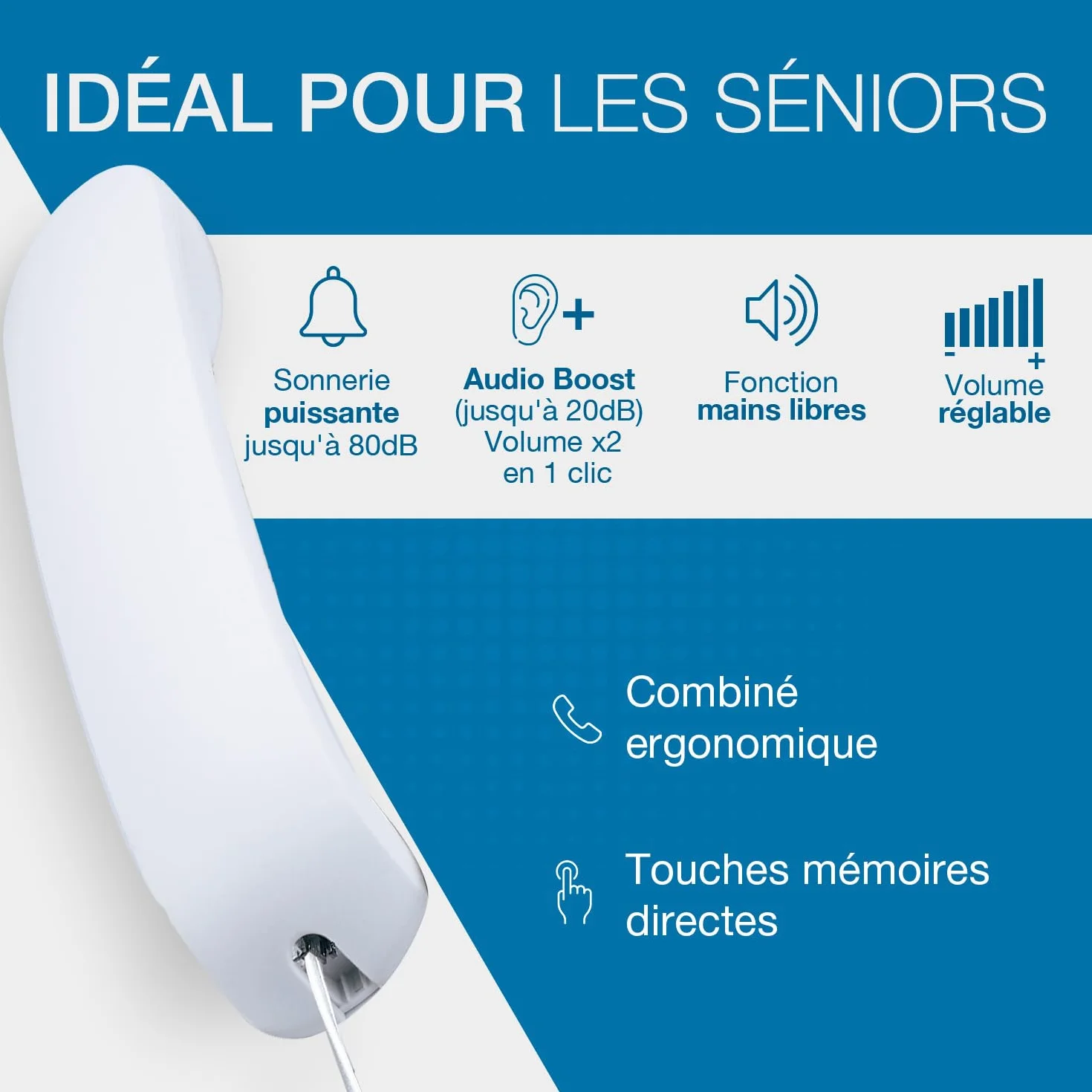 ALCATEL TMAX 10 - Téléphone Fixe Filaire Senior - Grandes Touches - Mains Libres - Indicateur Lumineux D'Appel Entrant - Touches Avec Photos - Compatible Aides Auditives - Blanc