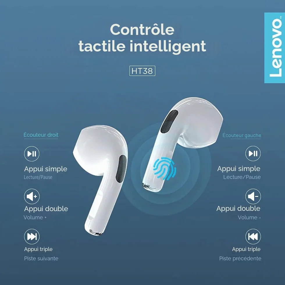 Lenovo – écouteurs sans Fil Bluetooth LivePods HT38 TWS, Mini Casque d'écoute, Commande Tactile 9D Stéréo, avec Micro, 30h d'autonomie