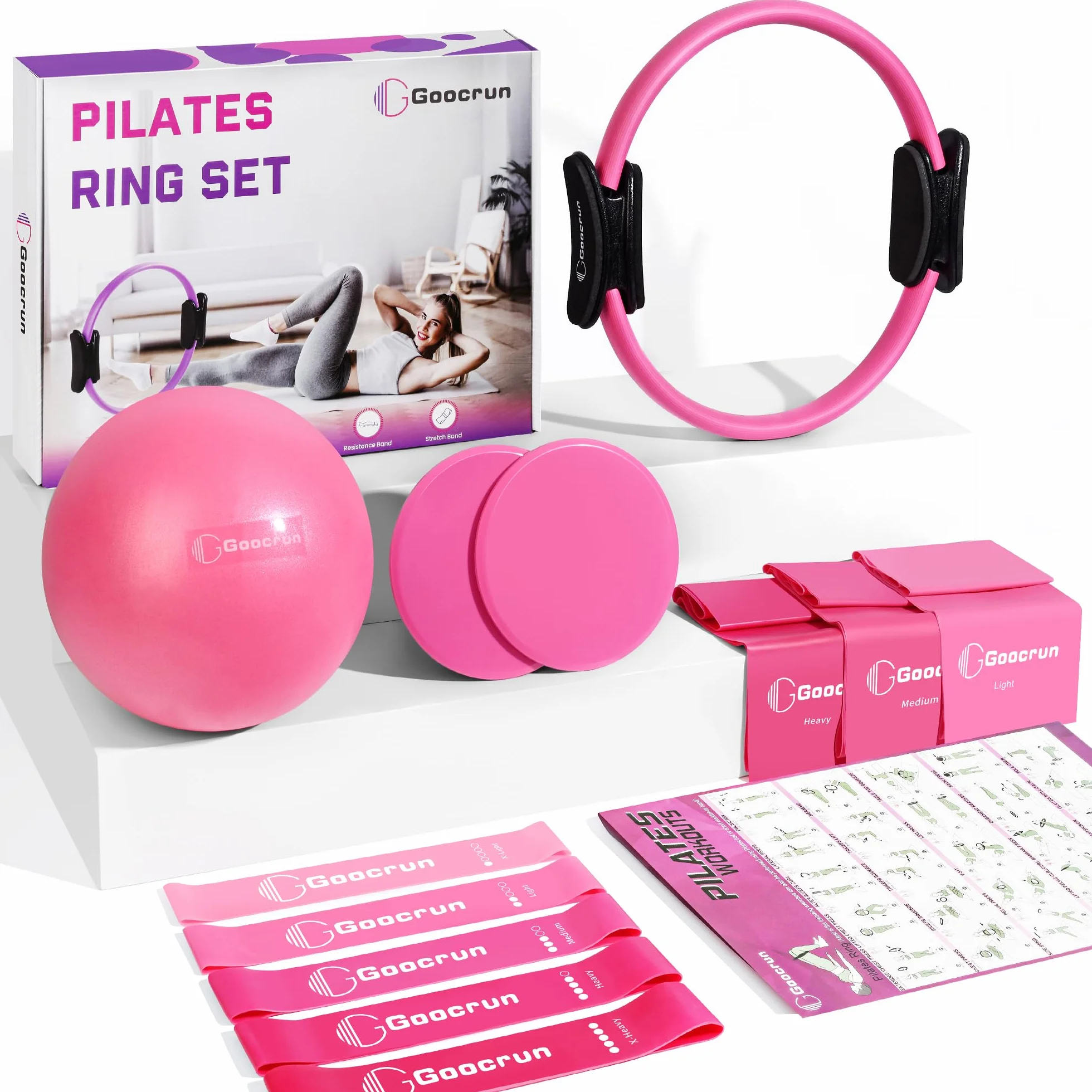 Goocrun Ensemble d'anneaux de Pilates avec bandes de résistance, ballon et disque de glissement