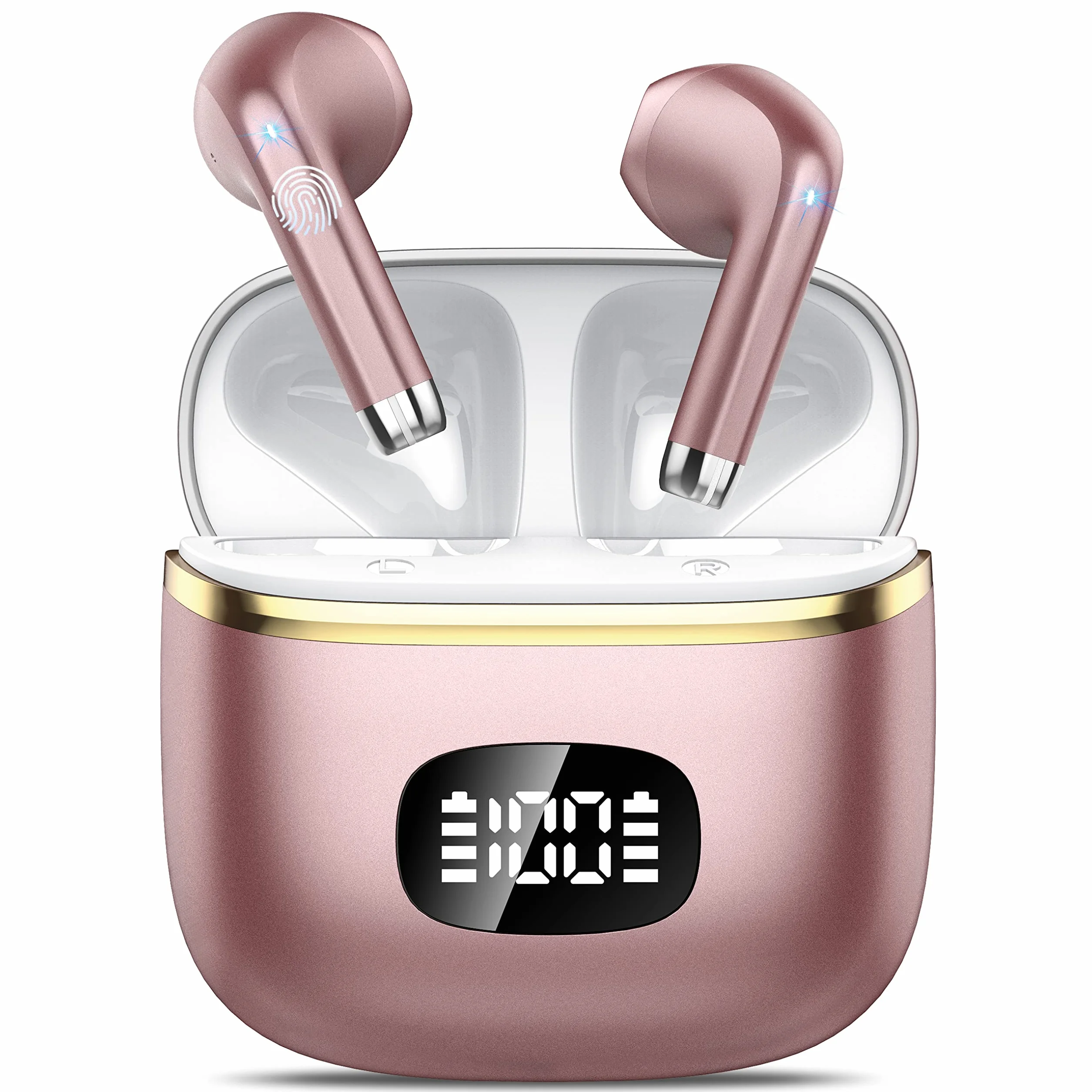 Ecouteurs Bluetooth sans Fil,2023 5.3 ENC Réduction Casque,40 Heures Durée de Lecture Écran LED,Hi-FI Son Stéréo,IP7 Étanche,Contrôle Tactile Oreillette Bluetooth W23 Or Rose