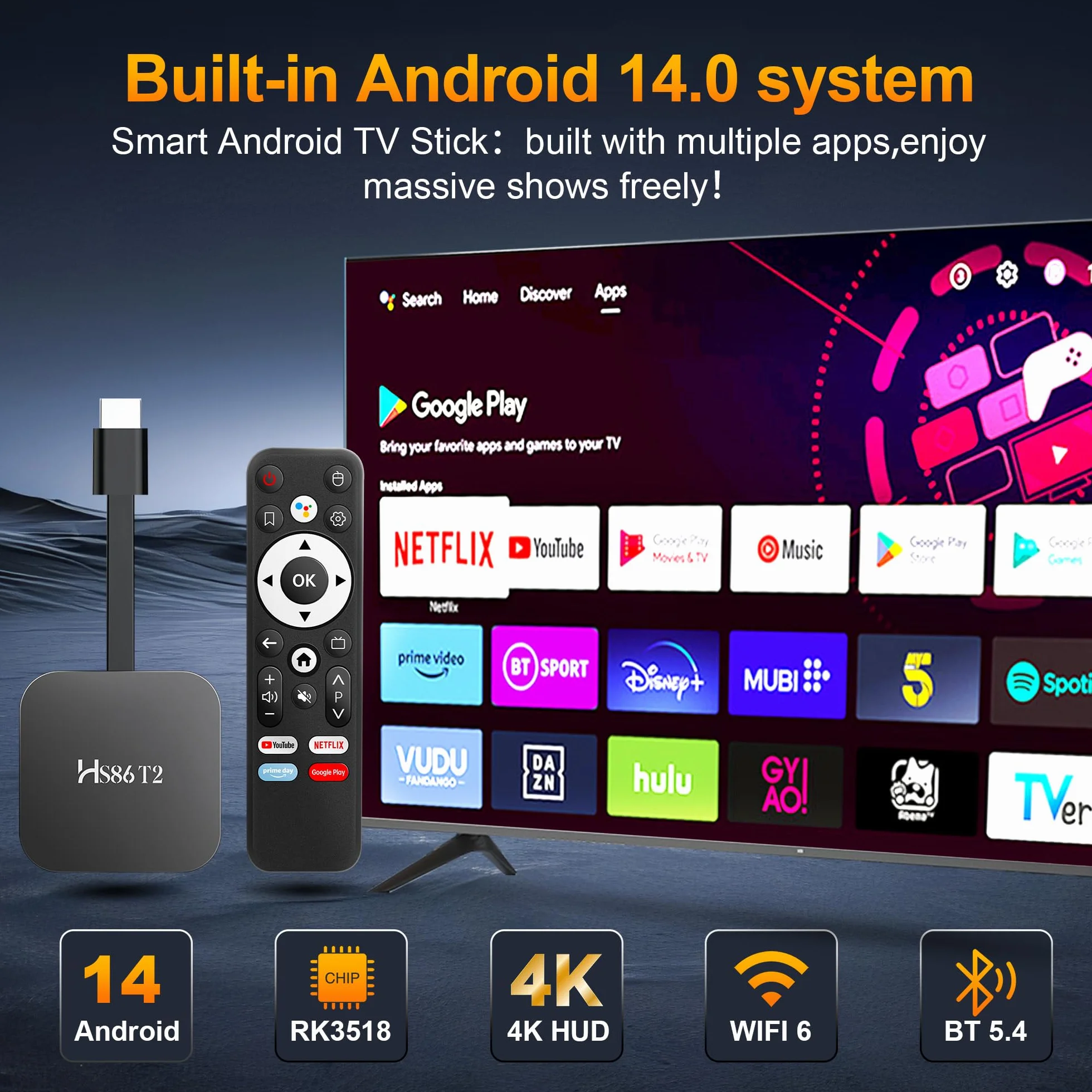 Android TV Stick 14.0, Smart TV Stick 2 Go de RAM, 16 Go de ROM, puce RK3518, double WiFi 2,4 G/5,8 G, BT5.0, HDMI 2.0 et HD 4K, télécommande vocale, prise en charge vidéo et audio Noir 2026