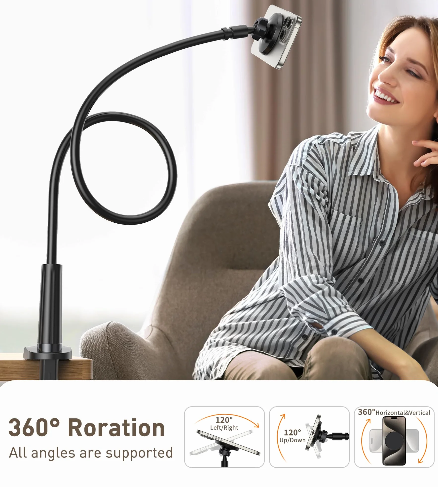 Support Téléphone Lit Réglable Pivotant 360° Col de Cygne Mag-Safe avec Anneaux Métal pour iPhone 17 16 15 14 13 12 Pro Max Plus
