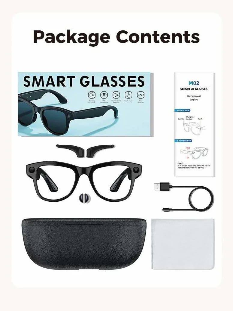 AI Lunettes Connectées Caméra 8MP, Boîtier De Charge 3600mAh, Bluetooth Connectées, Intelligence Artificiel, Lunettes Anti-lumière Bleue, Enregistrement Vidéo 1080p(Verre Photochromique+Boitier noir)