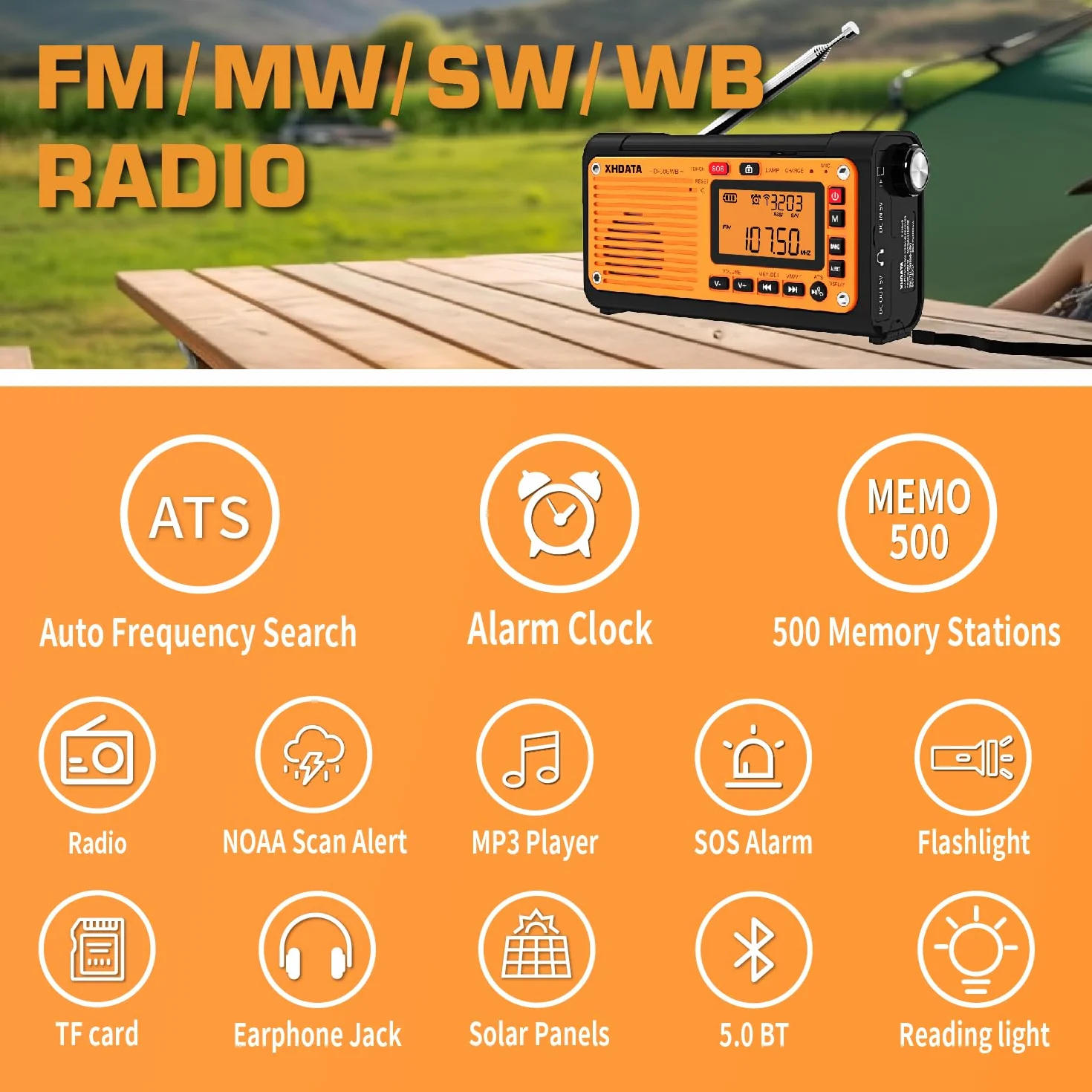 XHDATA D-608WB Radio Portable de Survie FM MW SW Bluetooth Carte TF Manivelle Panneau Solaire Lampe Torche SOS USB Camping Urgence