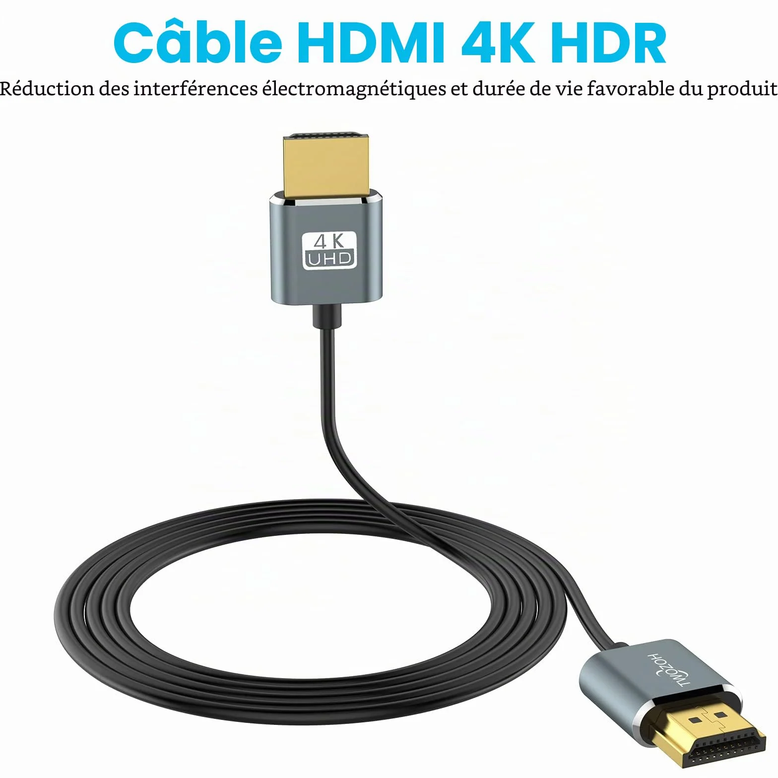 Twozoh Câble HDMI fin 0,3M Lot de 2, Ultra fin haute vitesse 4K@60Hz 18Gbps