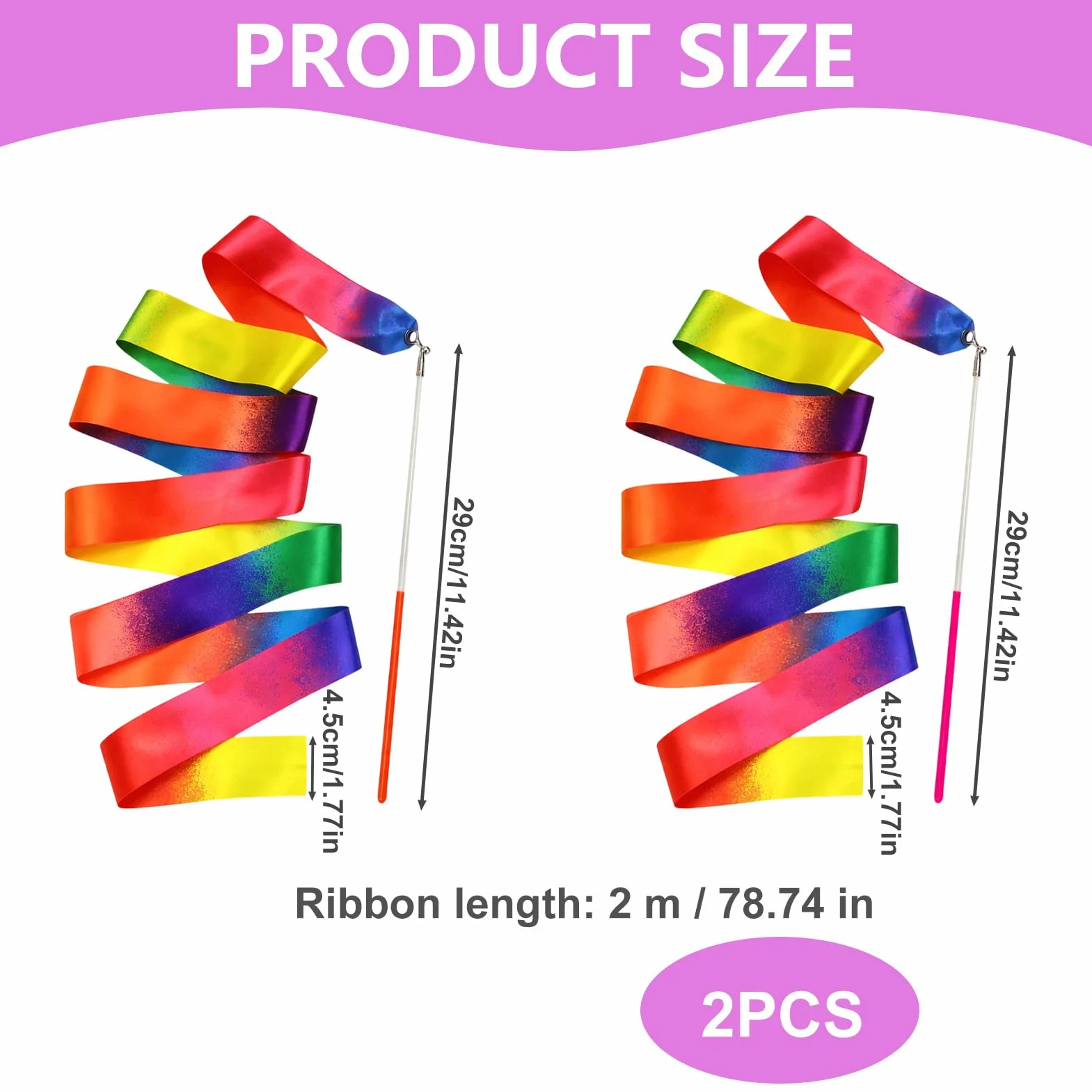 Ruban Gymnastique Rythmique 2M Nylon Durable avec Bâton 29cm, Set de 2 Pièces Multicolores