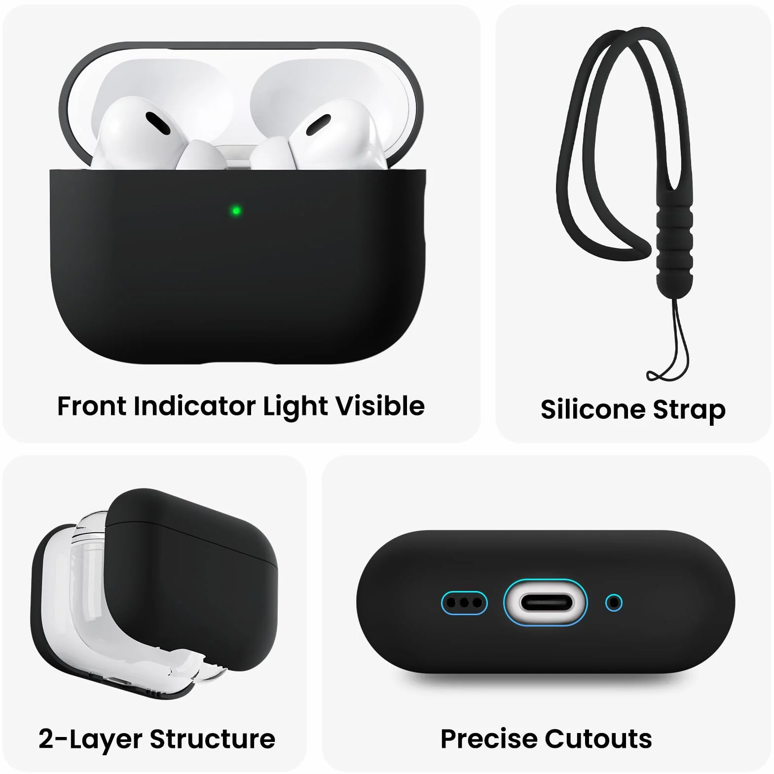 ORNARTO Coque pour AirPods Pro 3 (2025) – Étui à 2 Parties Séparées en Silicone avec Structure à 2 Couches (Intérieur PC Dur), Protection Antichoc, Lanière et Outil de Démontage, Noir