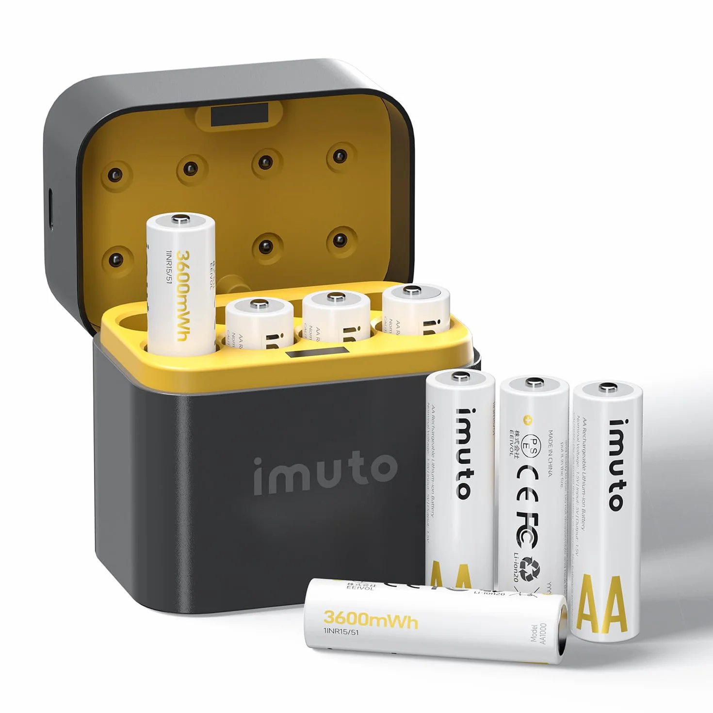 Imuto Piles AA 1,5V Lithium 3600mWh 1600 Cycles avec Chargeur 8 Emplacements