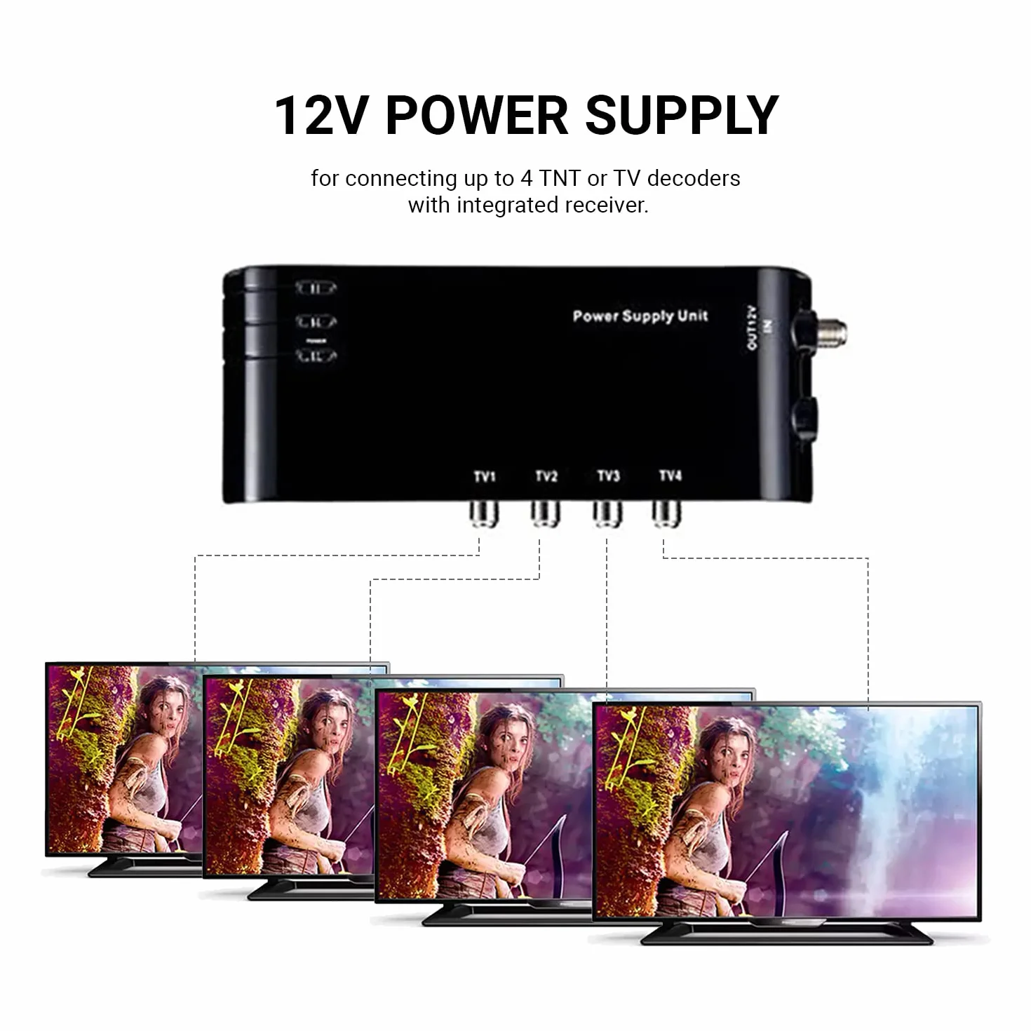HD-LINE kit4/1 Préamplificateur 4/1 TV Amplificateur + Alimentation 4 sorties TV pour Antenne terrestre TNT Noir