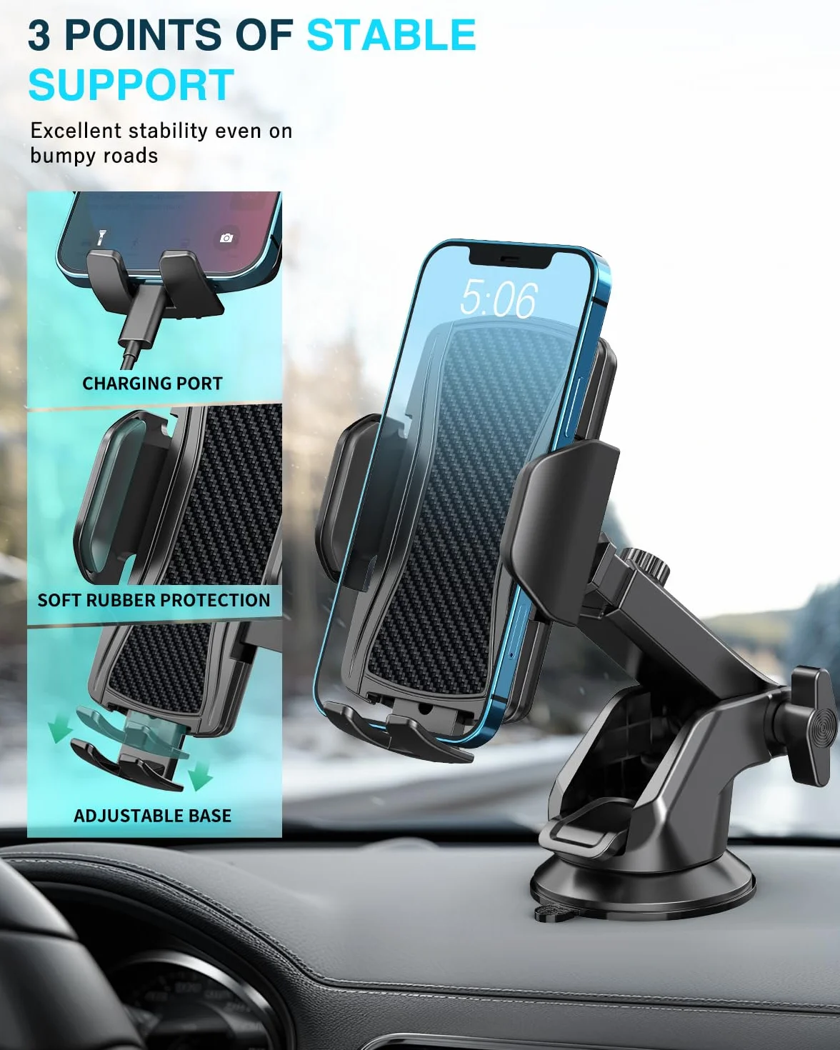 Hoppac Support Telephone Voiture, Porte Téléphone Voiture Tableau de Bord et Voiture Pare-Brise, 360 Degrés Rotation, Un Bouton de Libération, pour 4-7 in Smartphone