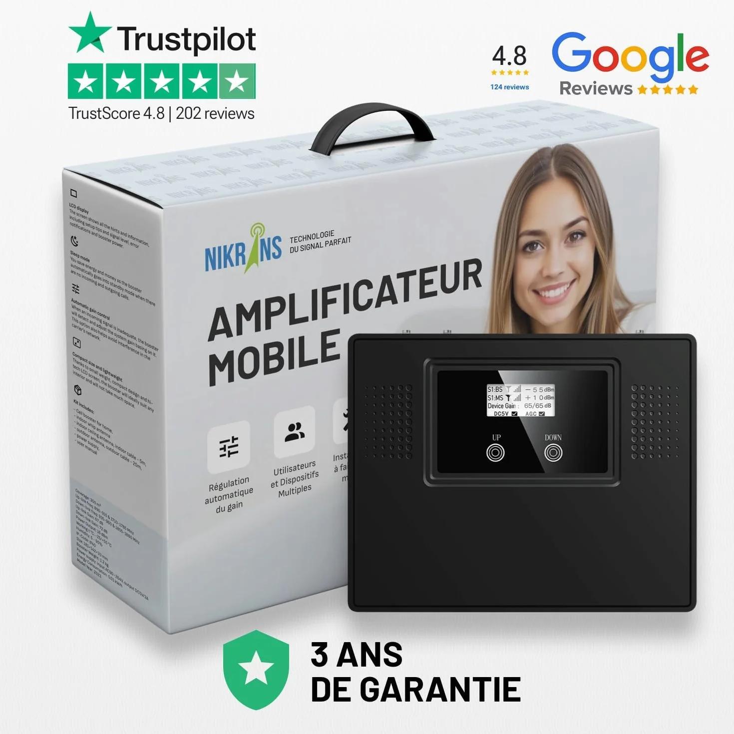 LCD-300GDW Répéteur de Signal Mobile Tri-Bande 3G/4G/5G – Amplificateur Mobile 900/1800/2100 MHz – Appels et Internet – Jusqu’à 300 m² – Compatible Opérateurs Français