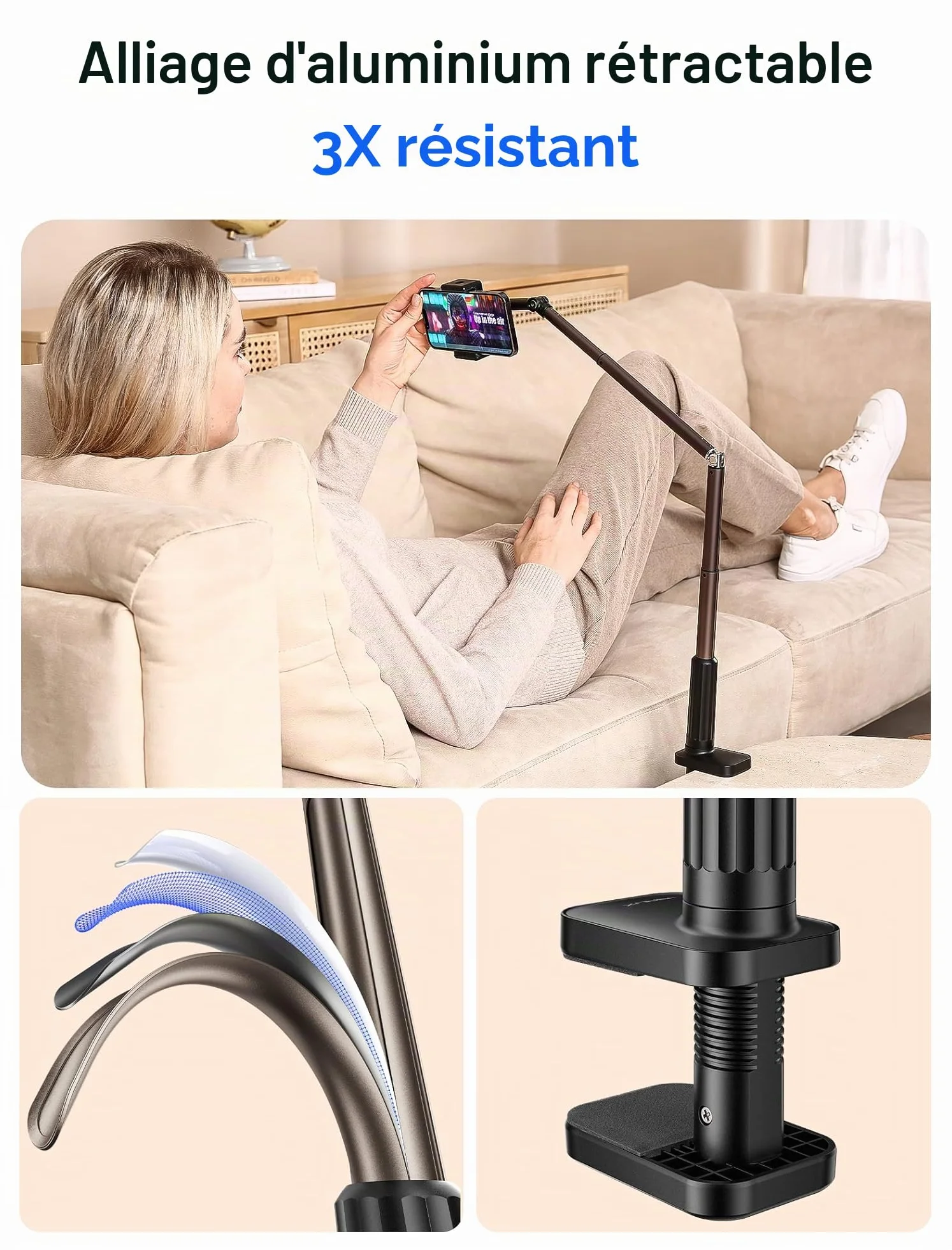 JSAUX Support de téléphone pour Bureau et lit, Support de téléphone Flexible Universel à 360° avec Pince de Serrage pour Table de Chevet, Compatible avec iPhone 14, 13, 12, 11, etc. [Noir]