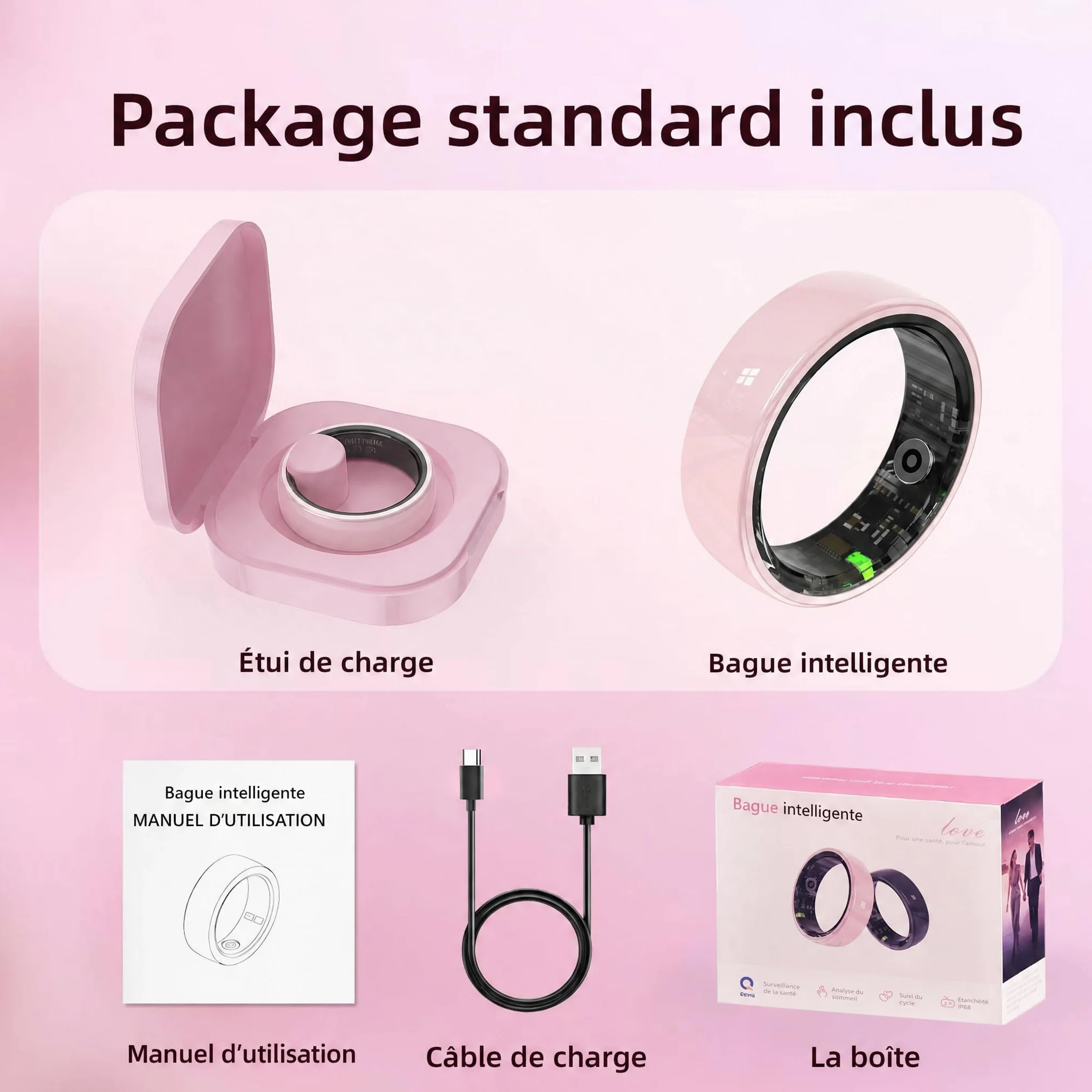 Bague Connectée Femme en Céramique – Suivi du Sommeil, Fréquence Cardiaque, Multi-Sports, Étanche 5ATM