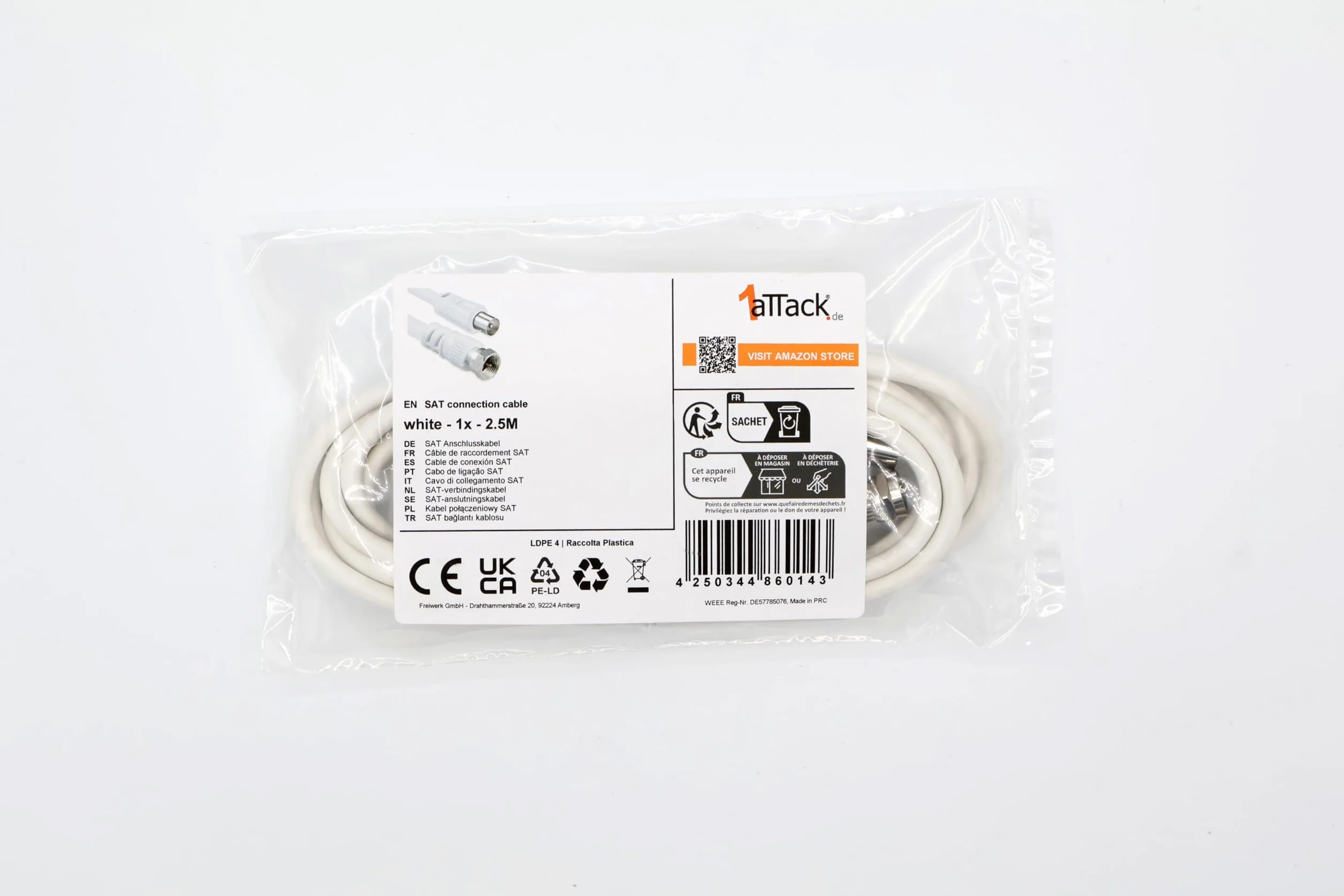 1aTTack.de Câble adaptateur pour antenne satellite, 2,5 mètres, 2 blindages, connecteur F vers connecteur coaxial, blanc SAT, F-coax, 75 dB