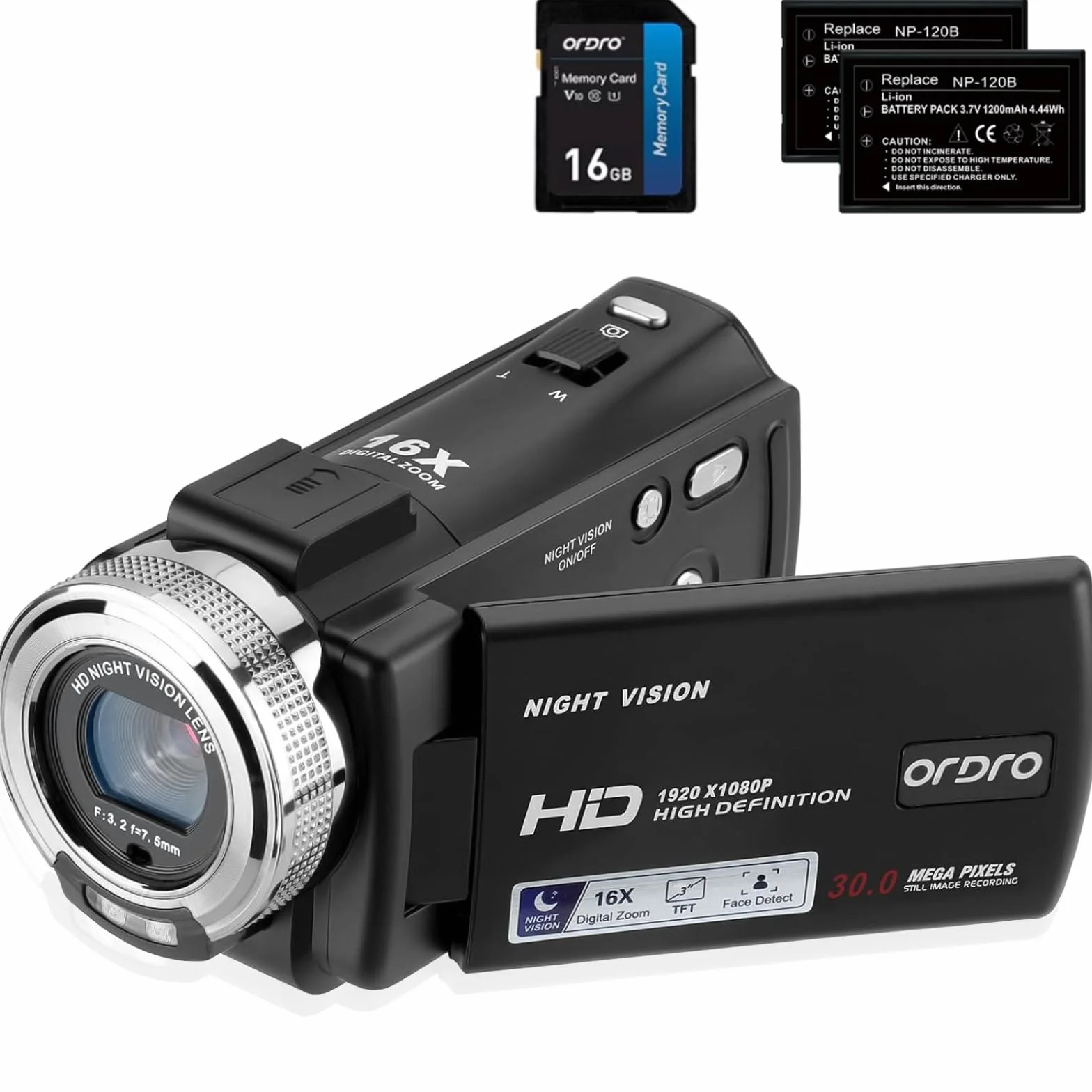 ORDRO Caméra Vidéo de Vision Nocturne Youtube Vlogging Camera Recorder FHD 1080P 15FPS 30MP 3,0 Pouces 270 Degrés de Rotation LCD Caméscope à Zoom Numérique 16X avec 2 Piles et Carte SD de 16 Go