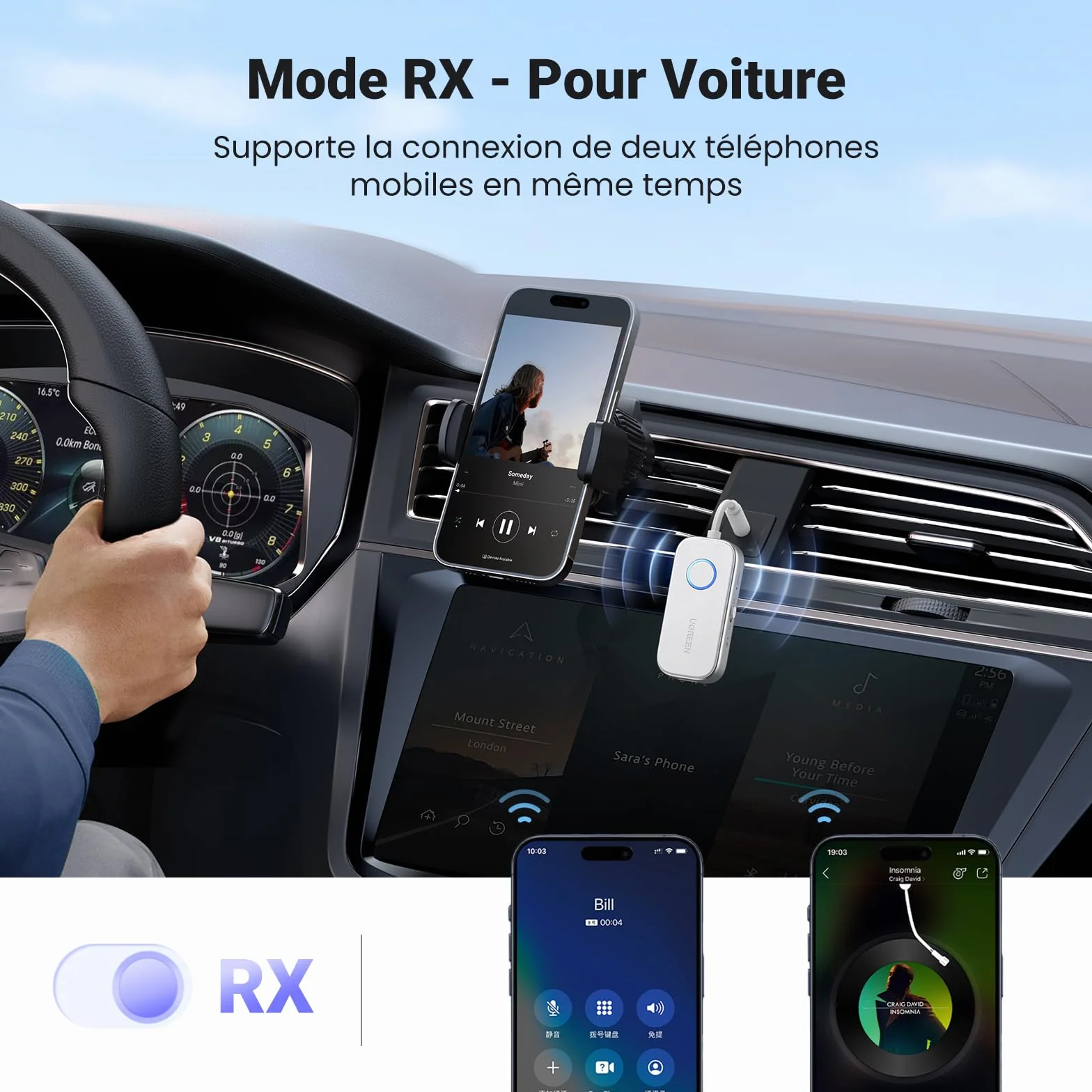 UGREEN Émetteur Jack Bluetooth 6.0 pour TV Transmetteur Récepteur 2 en 1 pour Voiture Prise Aux 3.5 mm Adaptateur Audio pour Casque Écouteur Avion Enceinte Haut-Parleur