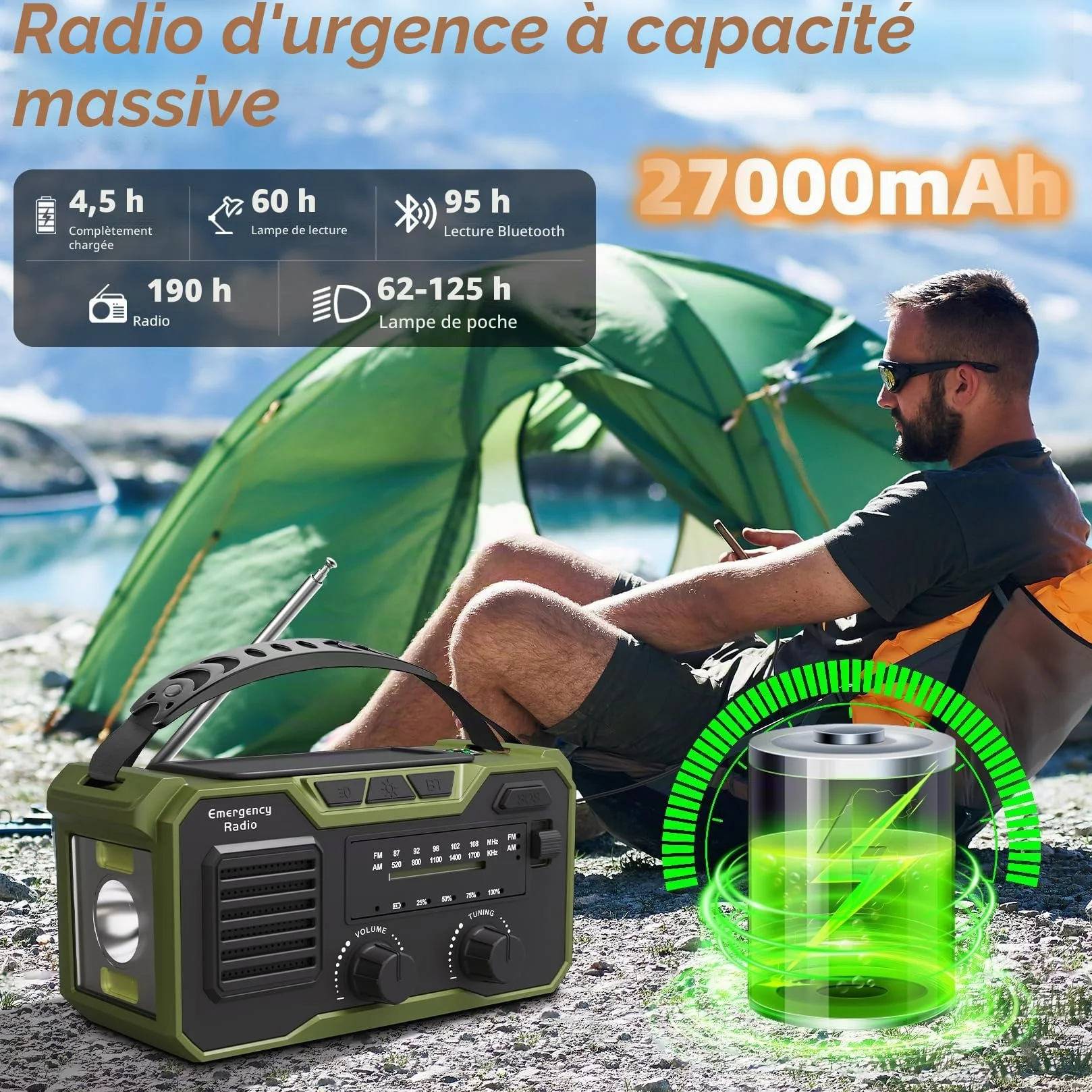 27000mAh Radio Survie FM/AM Solaire Bluetooth 5.3 Alarme SOS Boussole Lampe Dynamo Vert