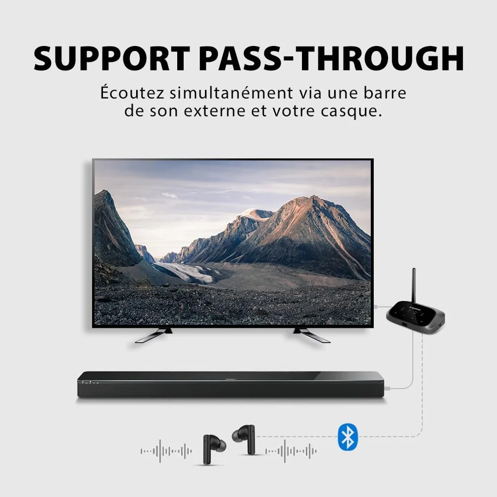 Avantree Oasis Plus 2 Émetteur Bluetooth TV Contrôle Volume Distance aptX Adaptive Pass-Through Soundbar