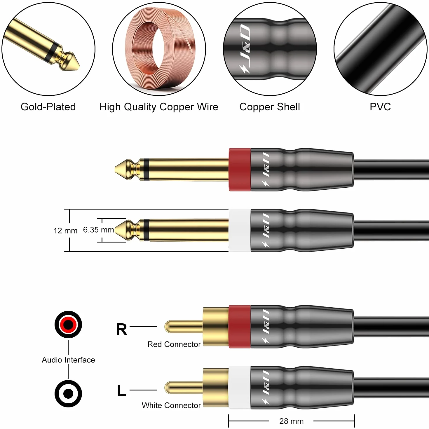 J&D Double 1/4 Pouce TS à Double RCA Câble, Adaptateur Heavy Duty 1/4 Mâle à RCA Mâle D'interconnexion Audio Stéréo Câble D'un quart de Pouce, 0.9 Meter