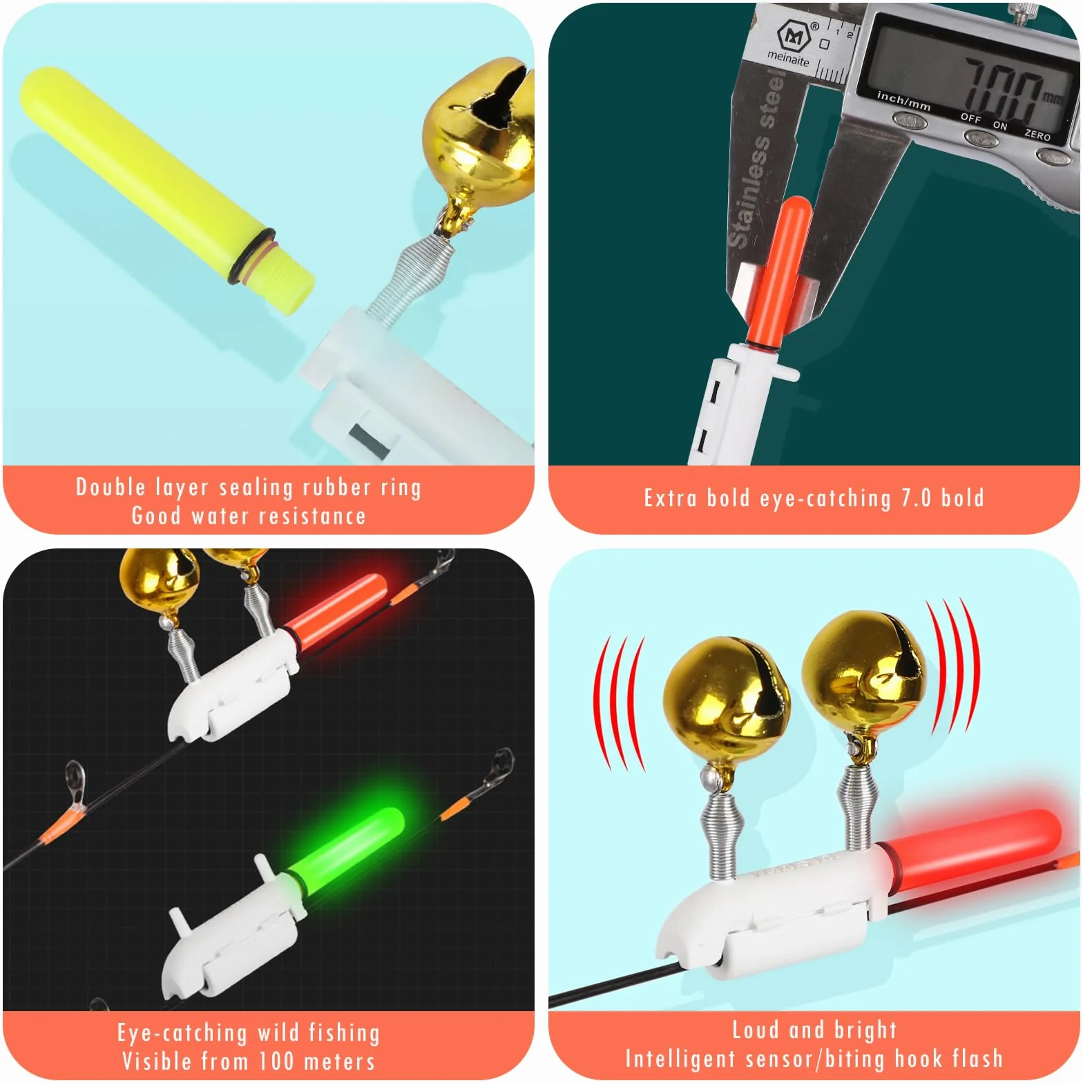 Détecteurs de touche de pêche OneNine, lot de 6 alarmes avec chargeur et lampe LED