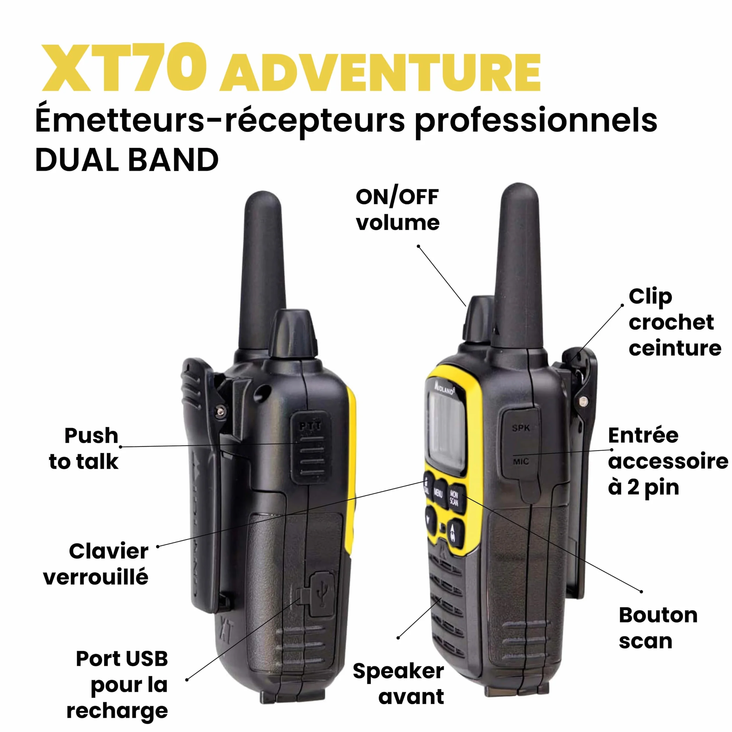 Midland C1180.01 XT70 Adventure Talkie Walkie - Émetteur-Récepteur Radio Pro Bi-bande à Recharge Rapide - Jaune - 69 LPD et 24 PMR446, 12 km, 38 Tonalités et 83 Codes - Lot de 2 Émetteurs-Récepteurs