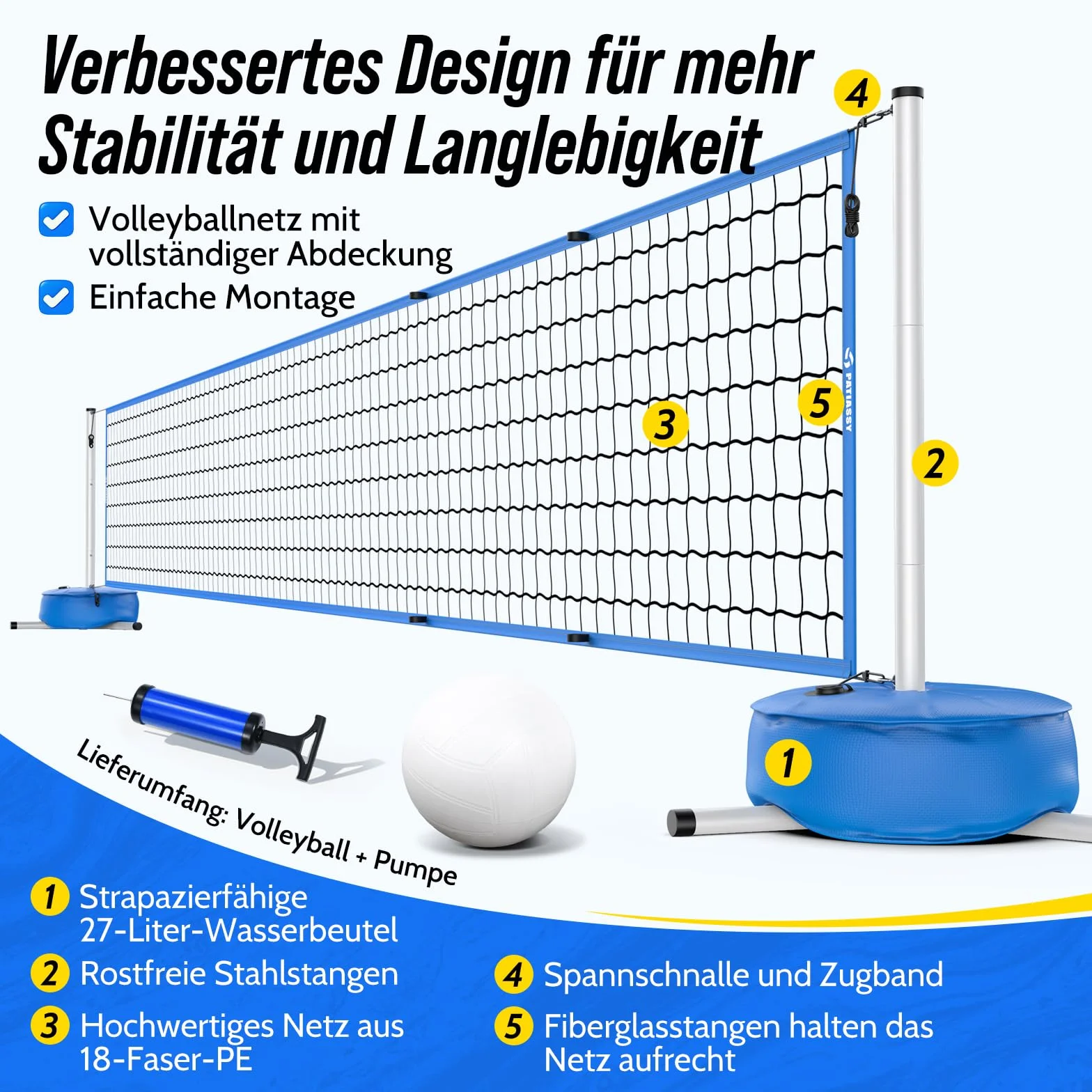 Kit de volley-ball de piscine portable réglable 4,5-7,6 m avec barres solides sac à eau 27 L jeu de volleyball