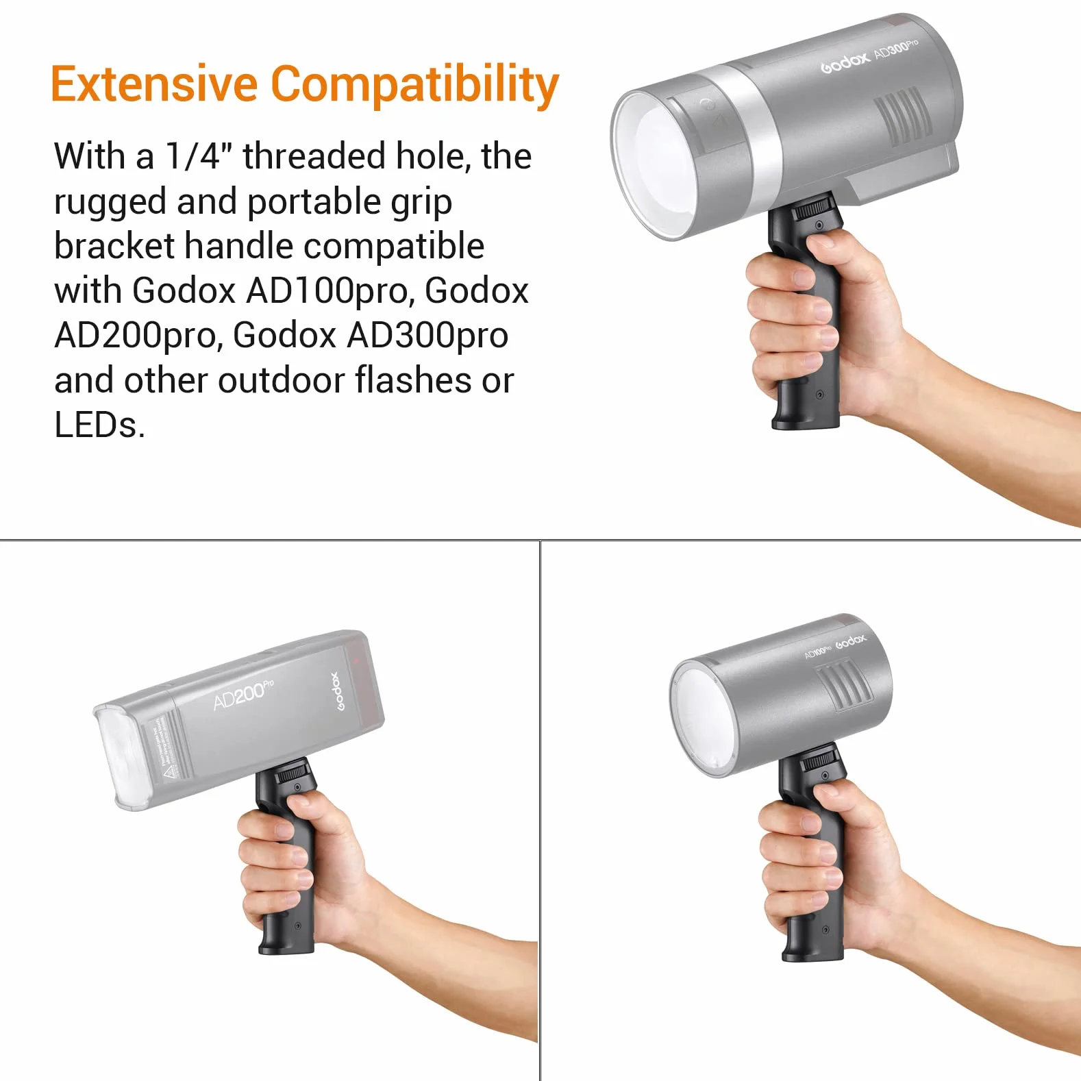 Godox FG-100 Poignée Flash, Poignée de Support de Flash Portable avec Stabilisateurs de Support Speedlite à Vis 1/4", Postuler à Godox AD200 Pro/AD300 Pro/AD300Pro II/AD100 Pro etc