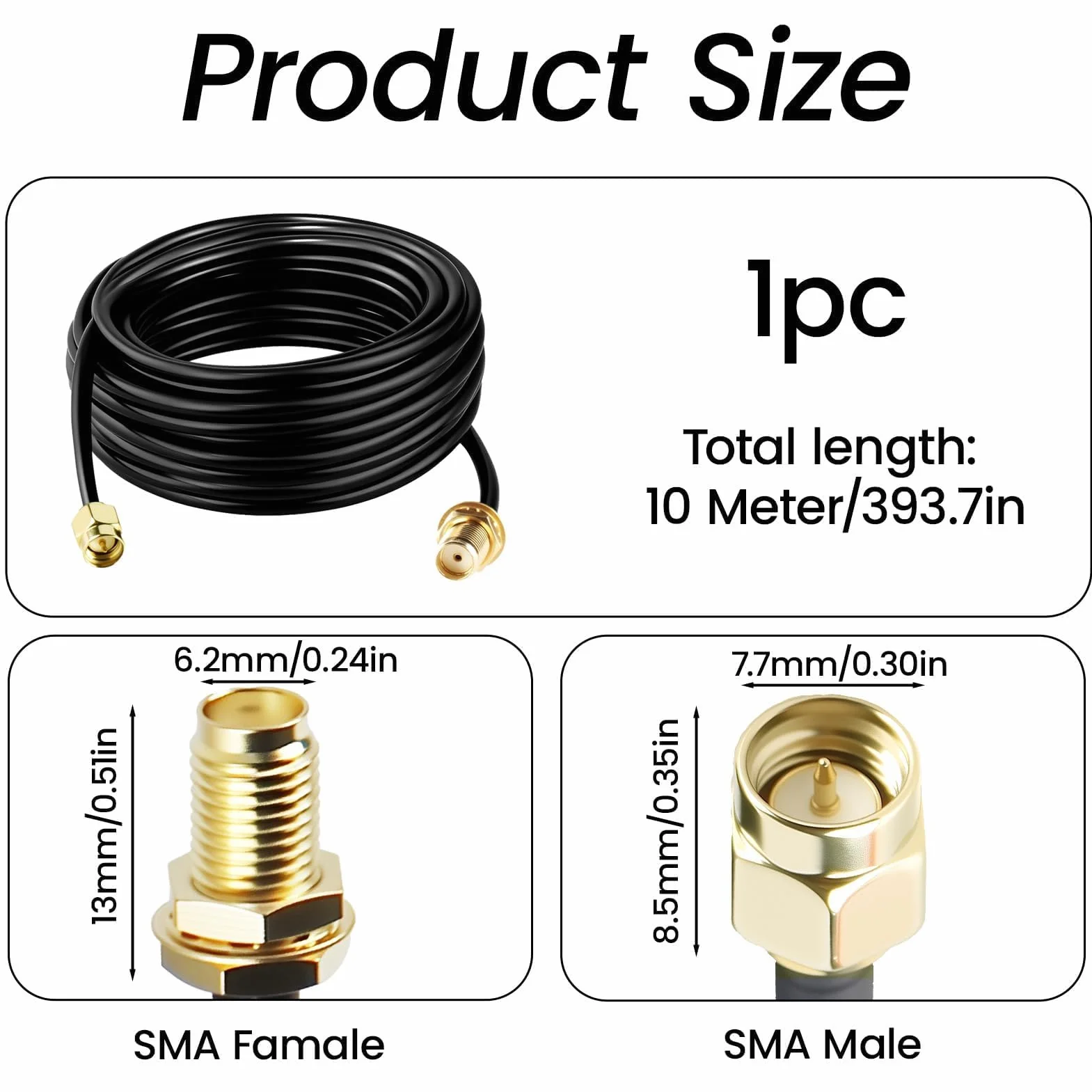 Cable D'extension SMA RG174, 10M Câble Rallonge Antenne WIFI Mâle vers Femelle Adaptateur Cable Coaxial TV 5G 4G Exterieur pour LTE GSM GPS Routeur Modem Scanner Radio Ham Camera SDR Récepteur ADS-B
